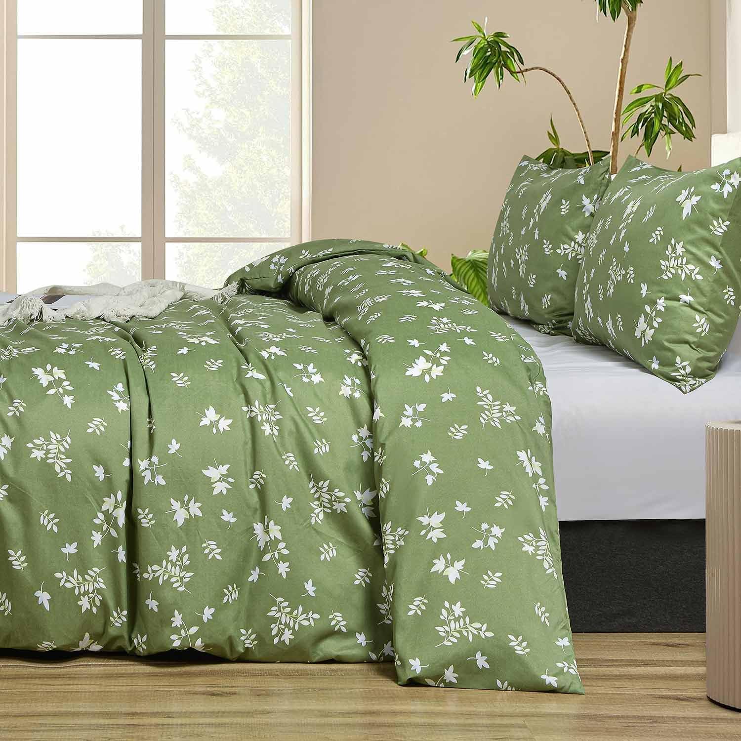 Juego de edredón de tamaño matrimonial, juego de cama reversible con estampado floral verde y blanco, juego de cama alternativo de plumón