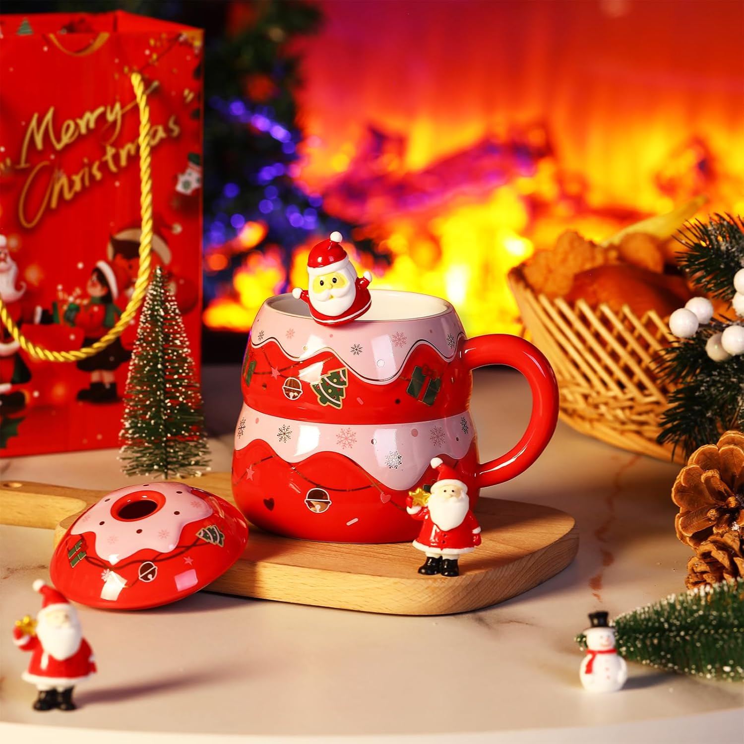 Tazas de Navidad con cuchara y tapa, tazas de cerámica festivas aptas para microondas y lavavajillas, taza de 15 onzas, taza de invierno novedosa