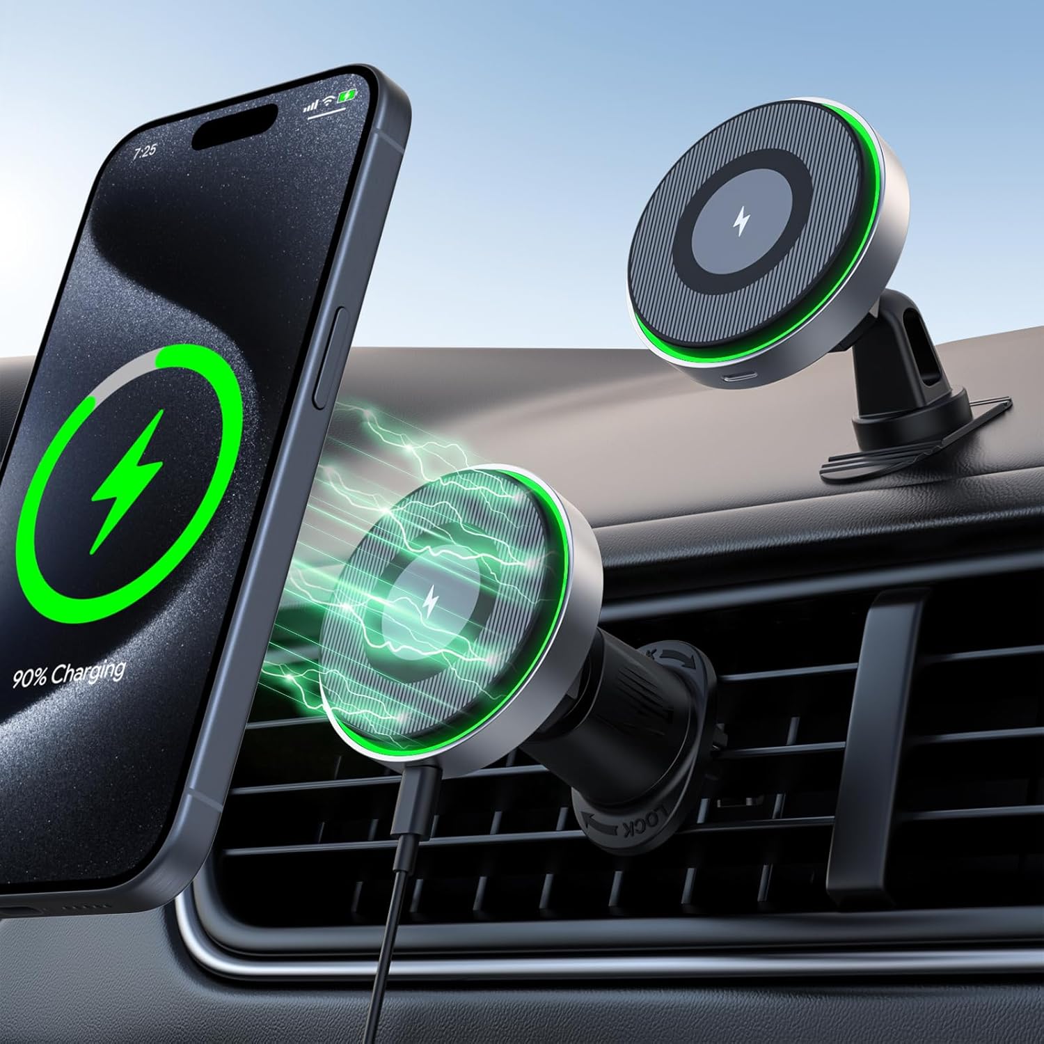 TIKECO Cargador de coche MagSafe, cargador inalámbrico magnético de 15 W, soporte de teléfono para salpicadero de ventilación de aire, soporte