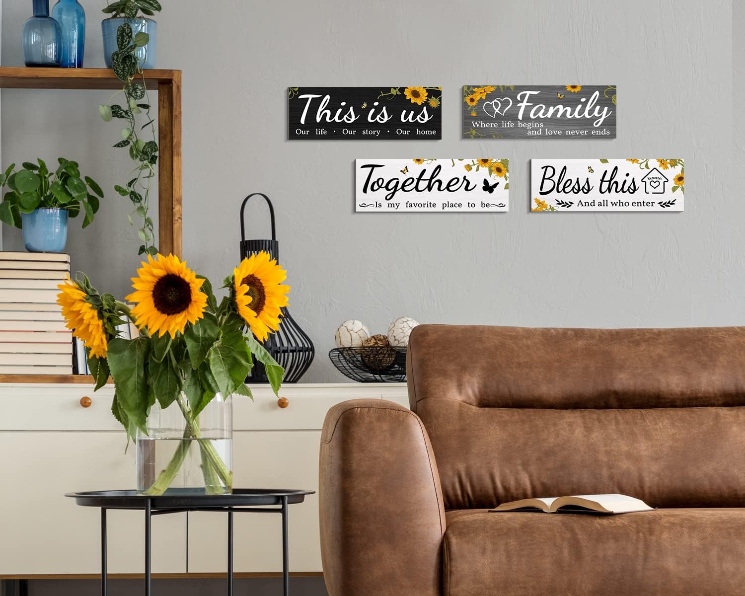 4 carteles de decoración de pared con girasol, This is UsTogetherBless This HomeFamily Hallway, decoración de pared para sala de estar, dormitorio,