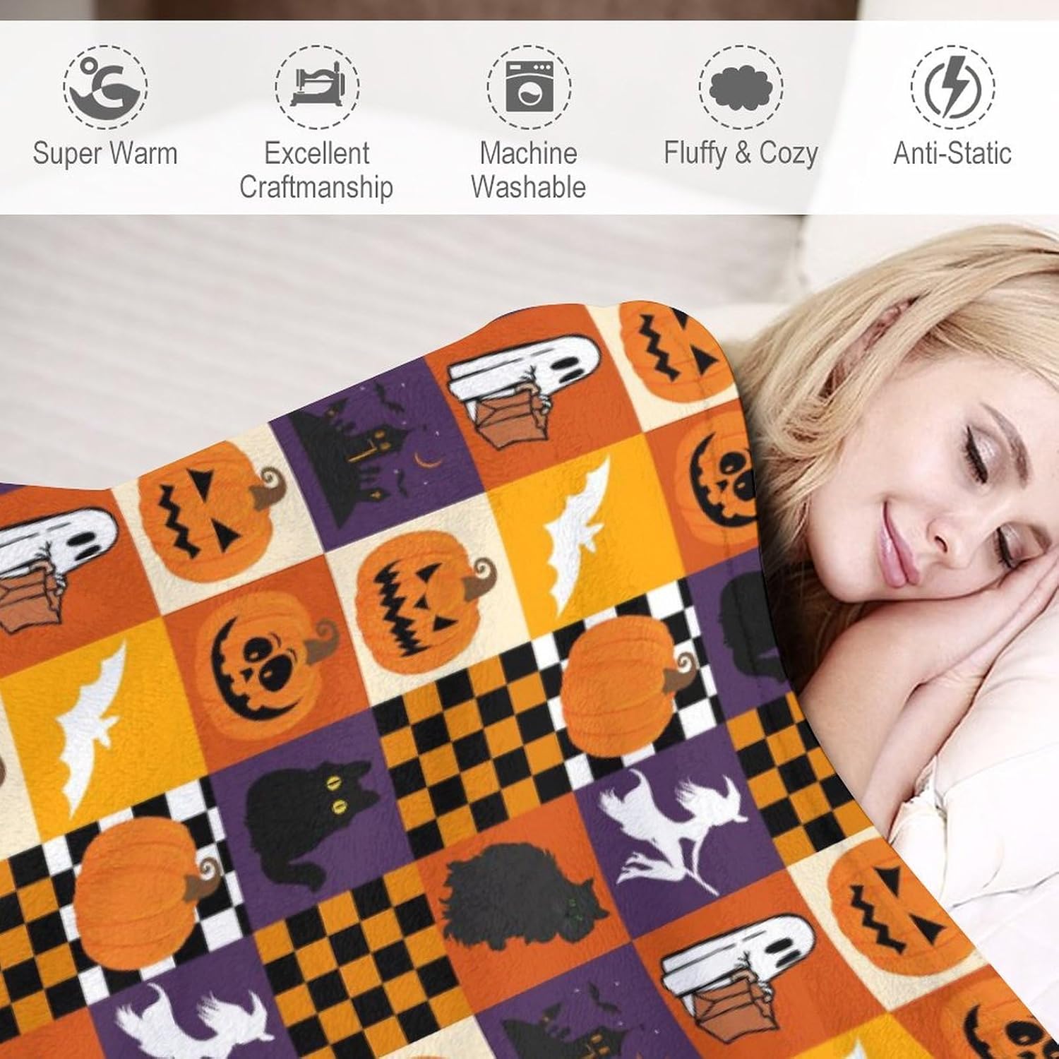 Manta de Halloween a cuadros, bonita manta hecha en Estados Unidos, manta de forro polar espeluznante cálida y suave, decoración de Halloween,