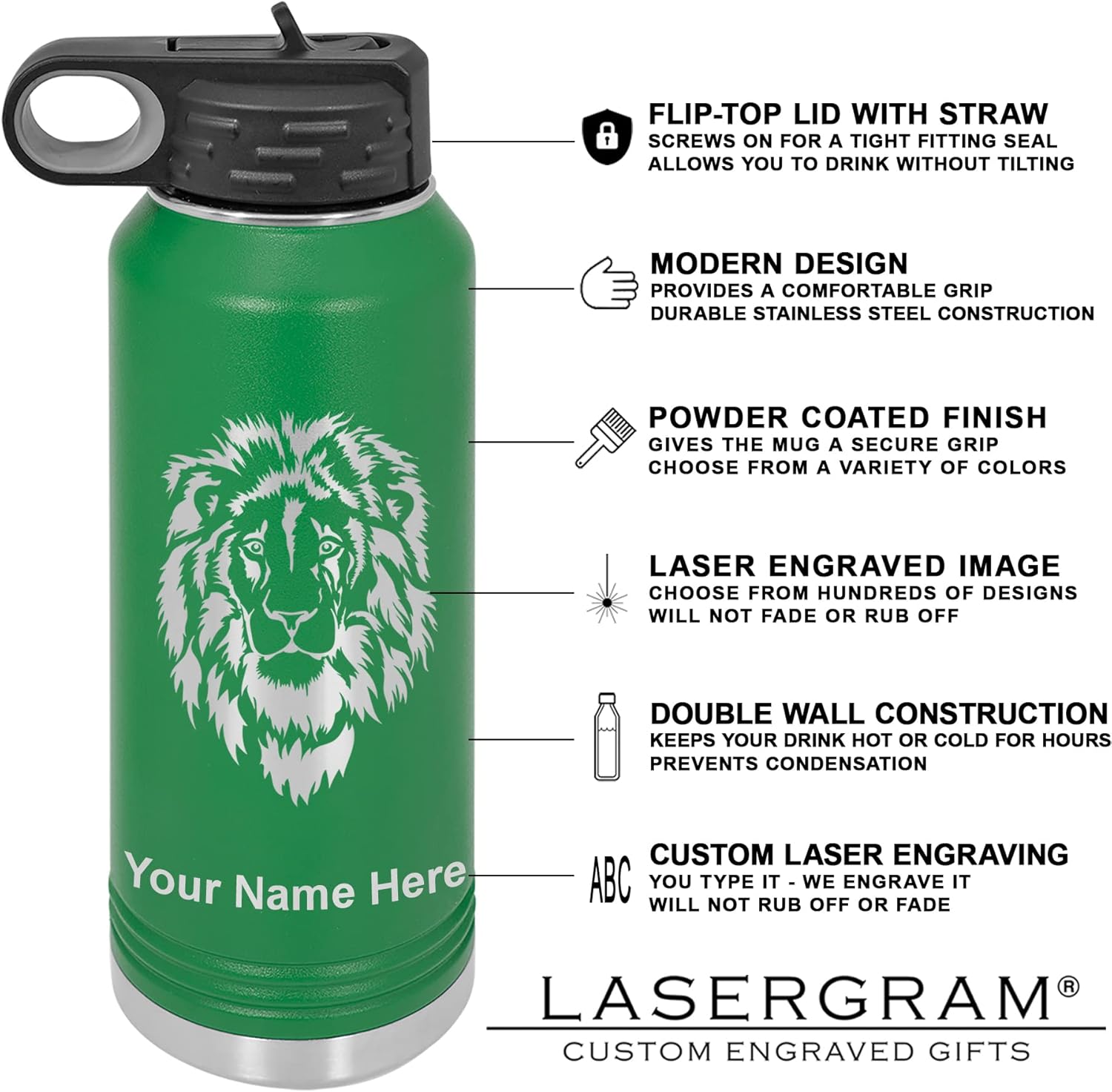 LaserGram Botella de agua de doble pared con tapa abatible de 40 onzas con pajilla, tractor de granja antiguo, grabado personalizado incluido (verde)