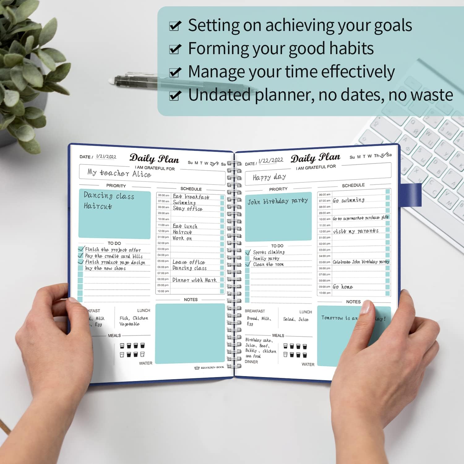 Agenda diaria sin fecha, cuaderno de lista de tareas con calendario por hora Regolden-Book calendarios de comida, organizador de citas en espiral