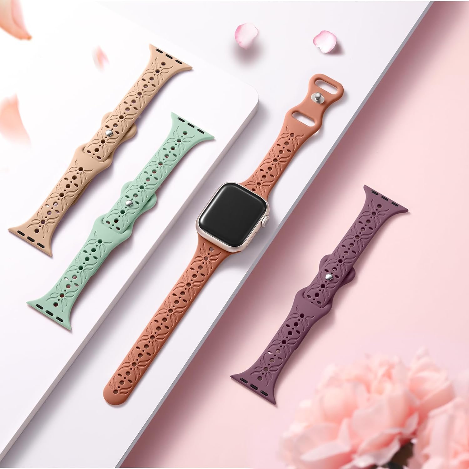 Maledan Paquete de 4 correas de silicona delgadas compatibles con Apple Watch Band de 1.496 in, 1.575 in, 1.614 in, 1.654 in, 1.732 in, 1.772 in,