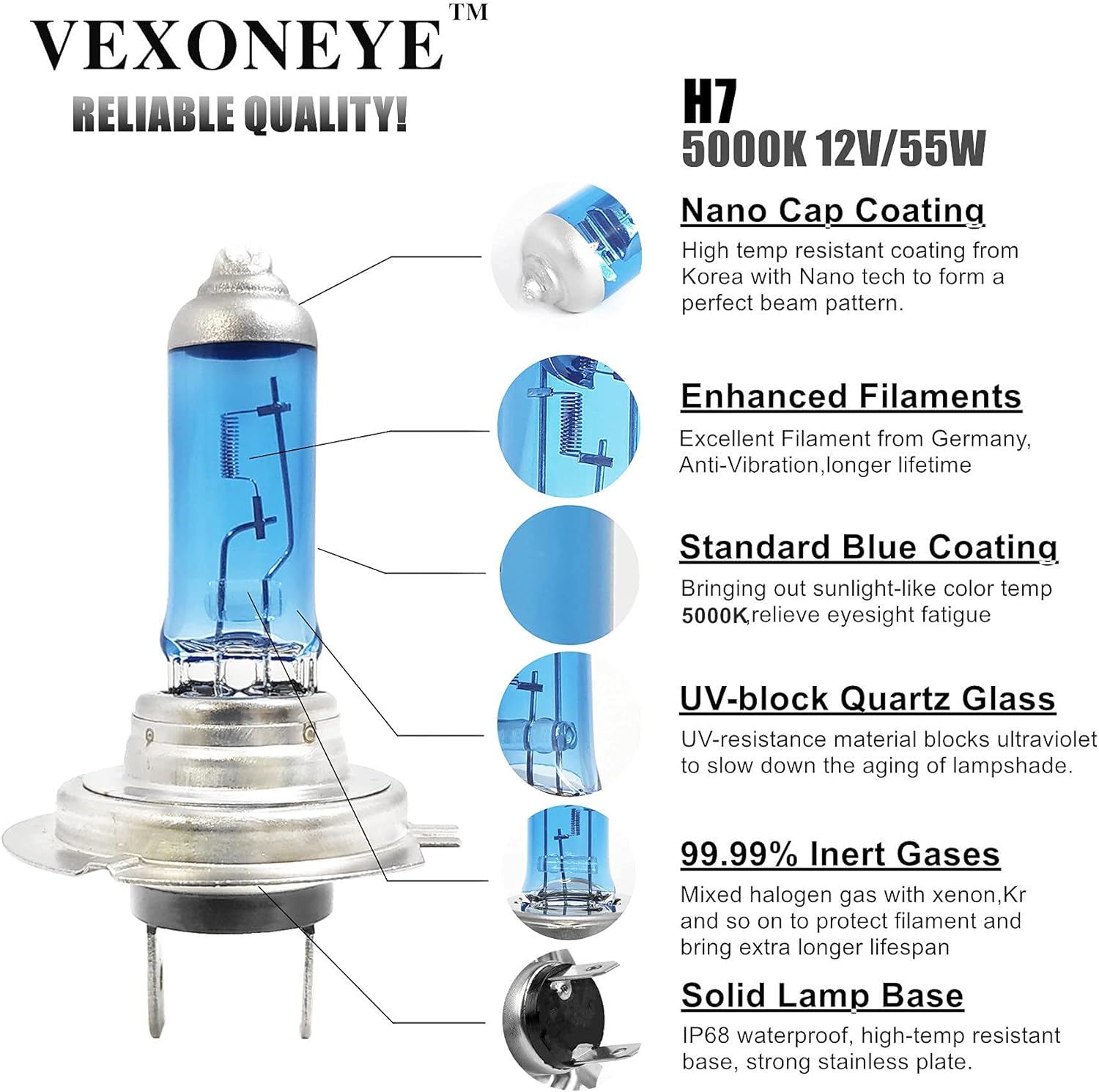 VEXONEYE Bombilla halógena H7 para faros delanteros de 12 V, 55 W, color blanco, 5000 K, bombillas antiniebla 12972 64210 súper brillante