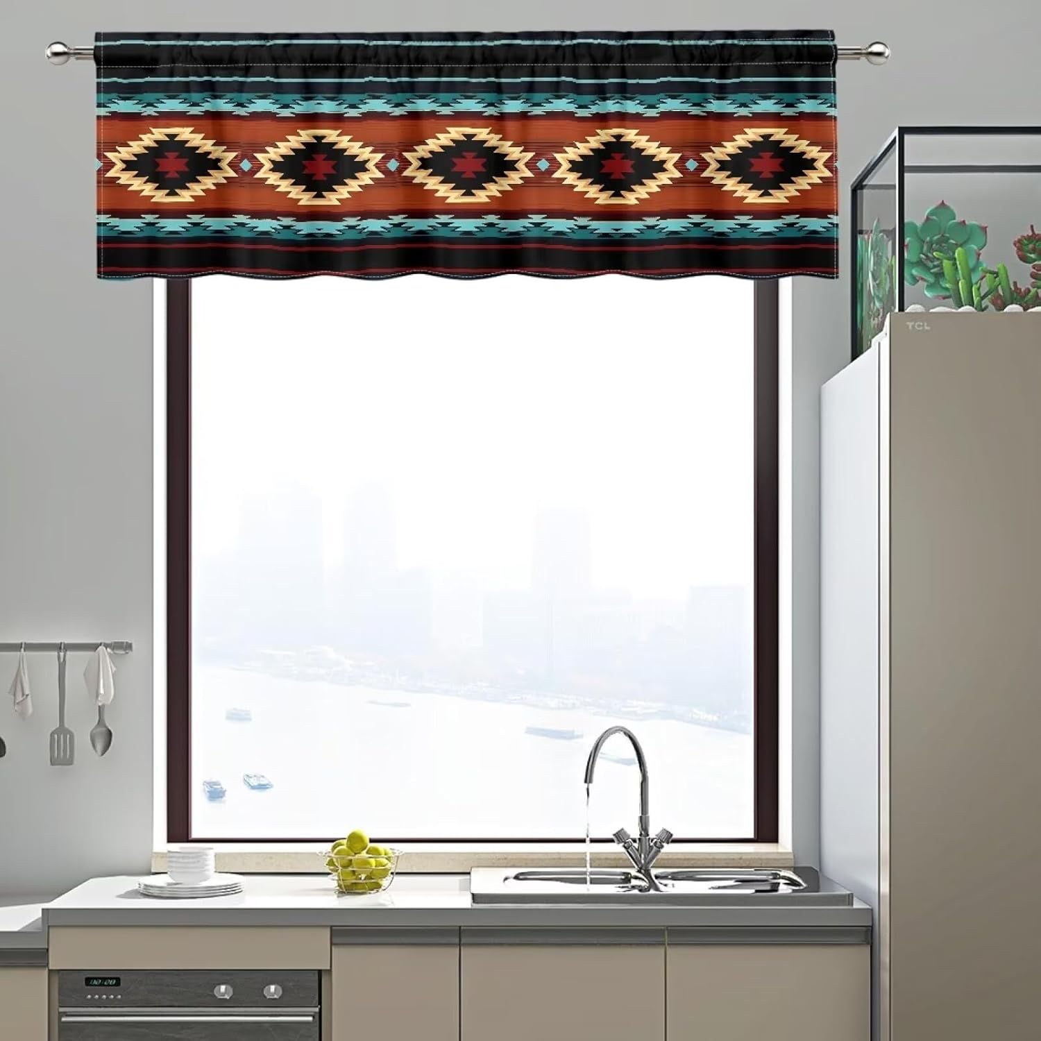 PZZ BEACH Cenefa de ventana con estampado geométrico azteca con bolsillo para barra, cenefas de cortinas de cocina para sala de estar, dormitorio,