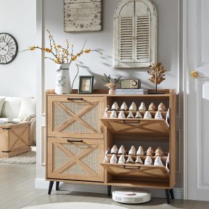 Armario de almacenamiento de zapatos, organizador de zapatos bohemio con 4 cajones abatibles y diseño de ratán, armario de zapatos oculto oculto Armario de almacenamiento de zapatos, organizador de zapatos bohemio con 4 cajones abatibles y diseño de ratán, armario de zapatos oculto oculto