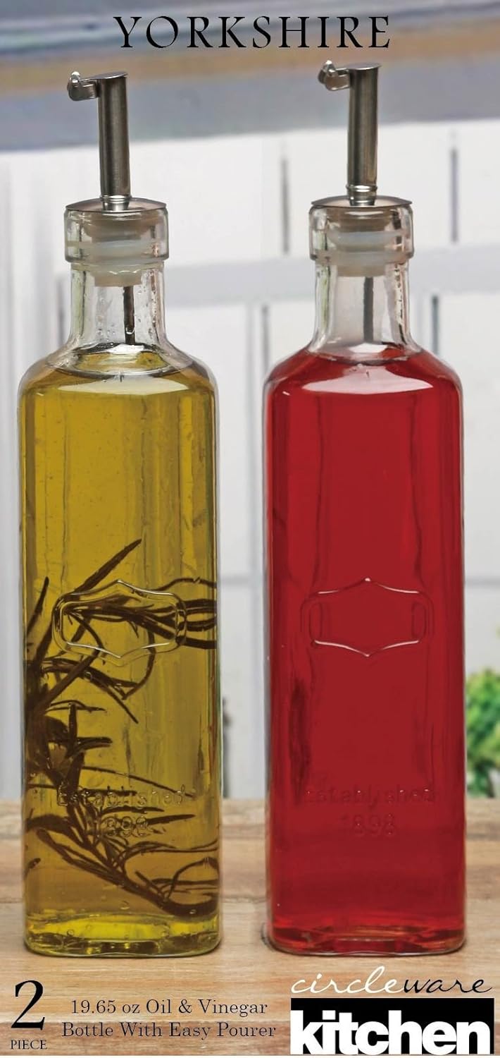 Circleware Yorkshire Olive Oil and Vinegar Dispenser Bottles Glass Dual Beverage 2-Piece Pourer Spouts, Home & Kitchen Decor Glassware Set, 19.6 oz,