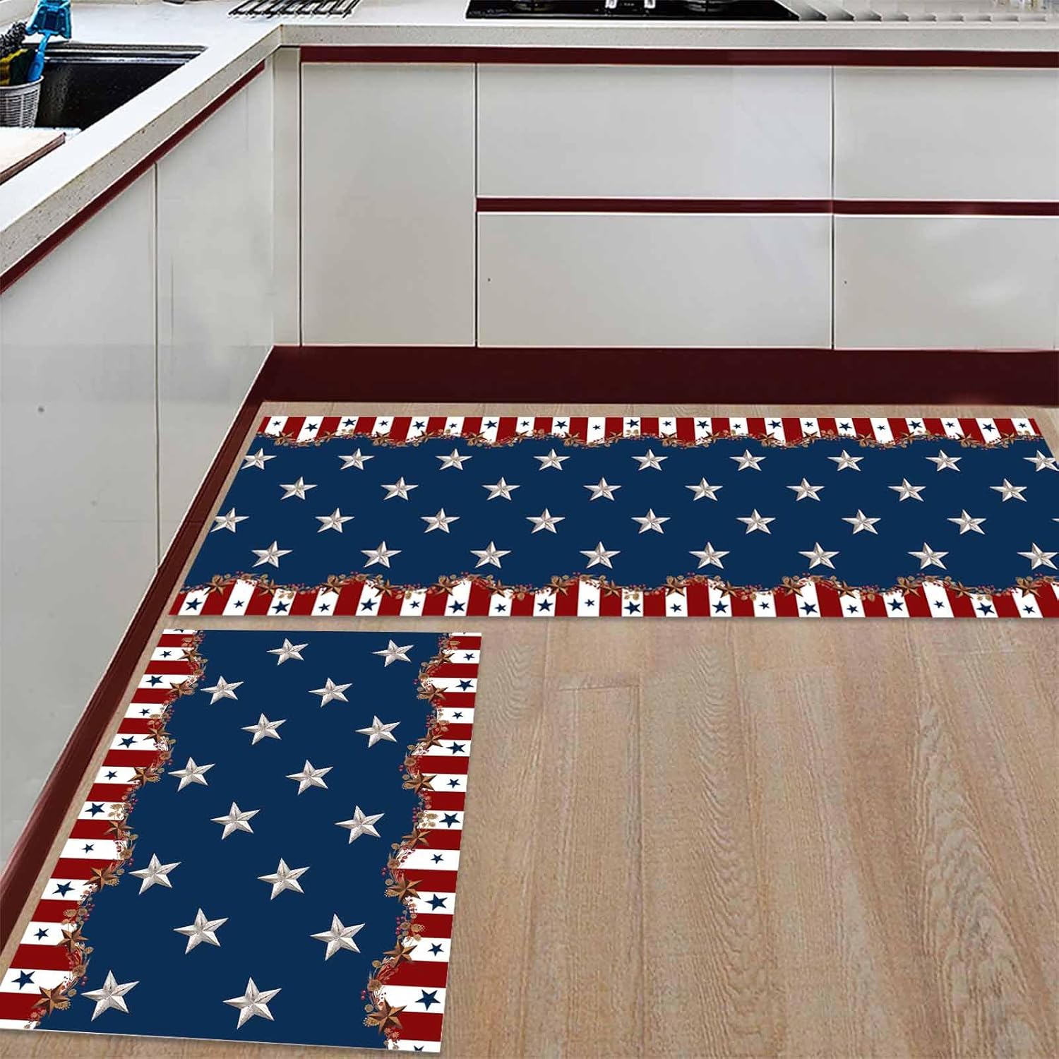 T&H XHome Alfombras y tapetes de cocina para el 4 de julio, Día de la Independencia, bandera de Estados Unidos azul y rojo, estrellas vintage con