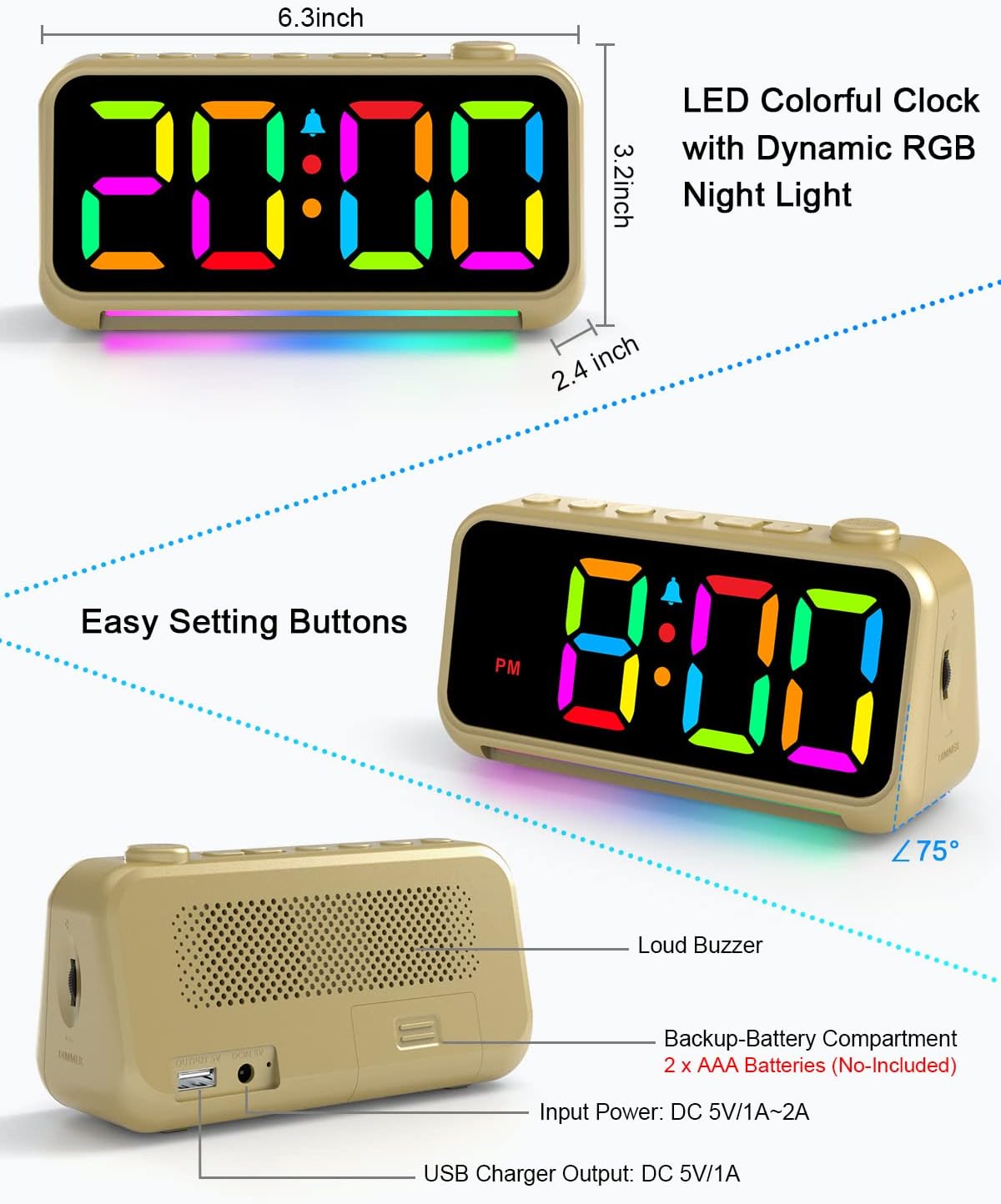 Reloj despertador con pantalla digital LED, puerto de carga USB de luz RGB extra fuerte, relojes de escritorio pequeños para personas que duermen