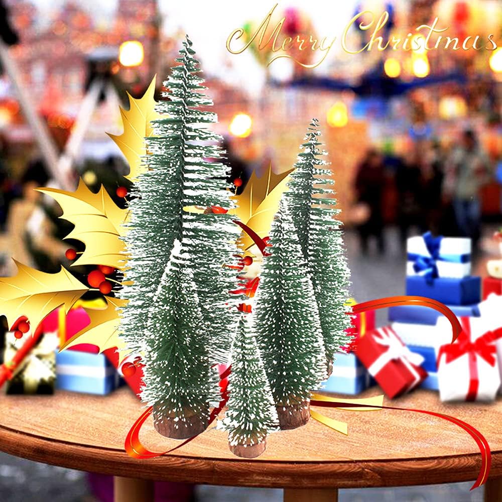 12 piezas de mini árboles artificiales de nieve de sisal de Navidad de pino en miniatura con base de madera, botella, cepillo, árboles de Navidad