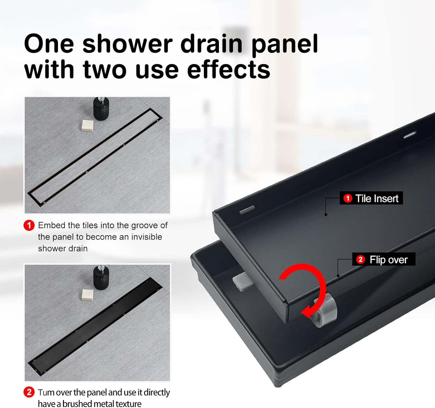 SaniteModar Desagüe de ducha lineal, drenaje de ducha negro de 36 pulgadas con inserto plano y de azulejos 2 en 1, panel 2 en 1, acero inoxidable