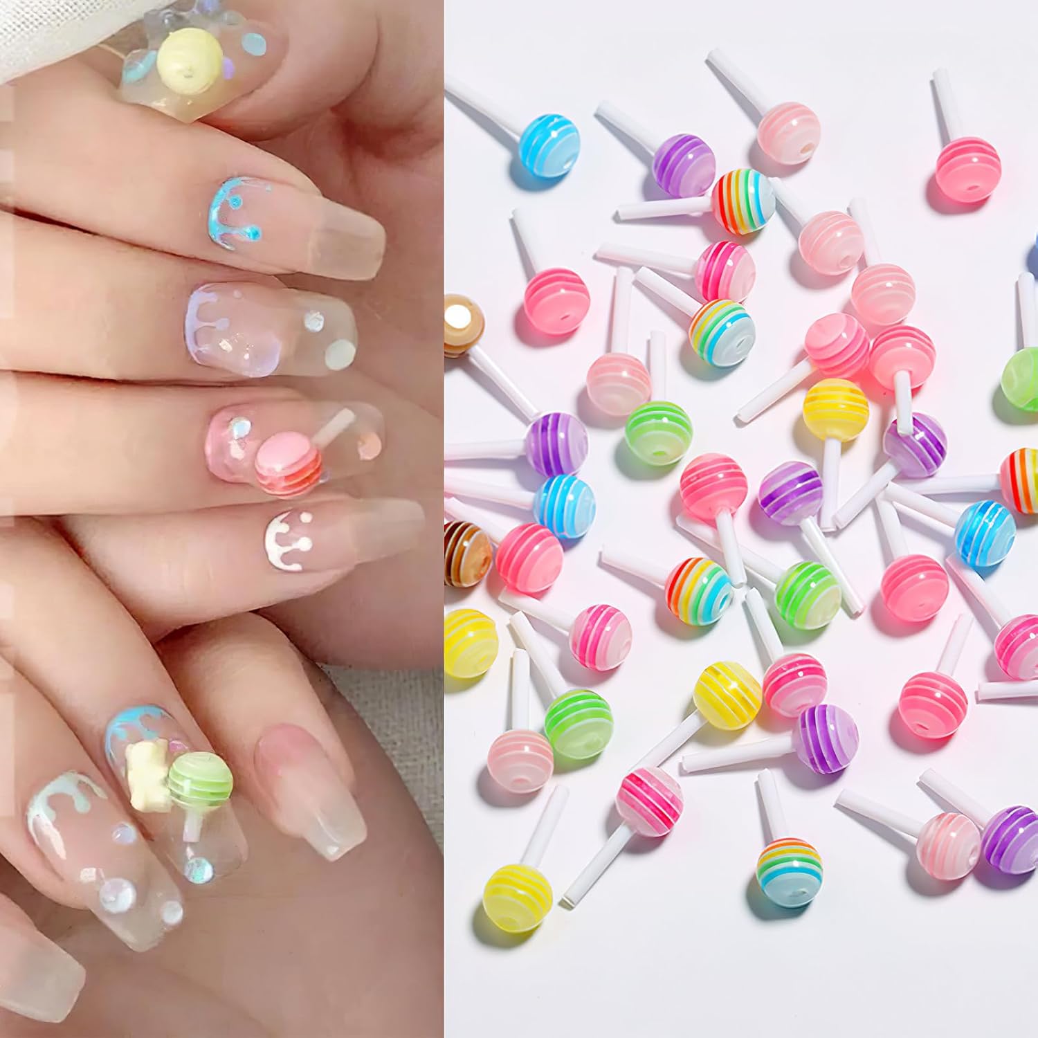 DUFEIMOY 50 dijes de uñas de piruleta 3D de arcoíris, accesorios de uñas de caramelo de macarrón de resina para arte de uñas, bricolaje y decoración