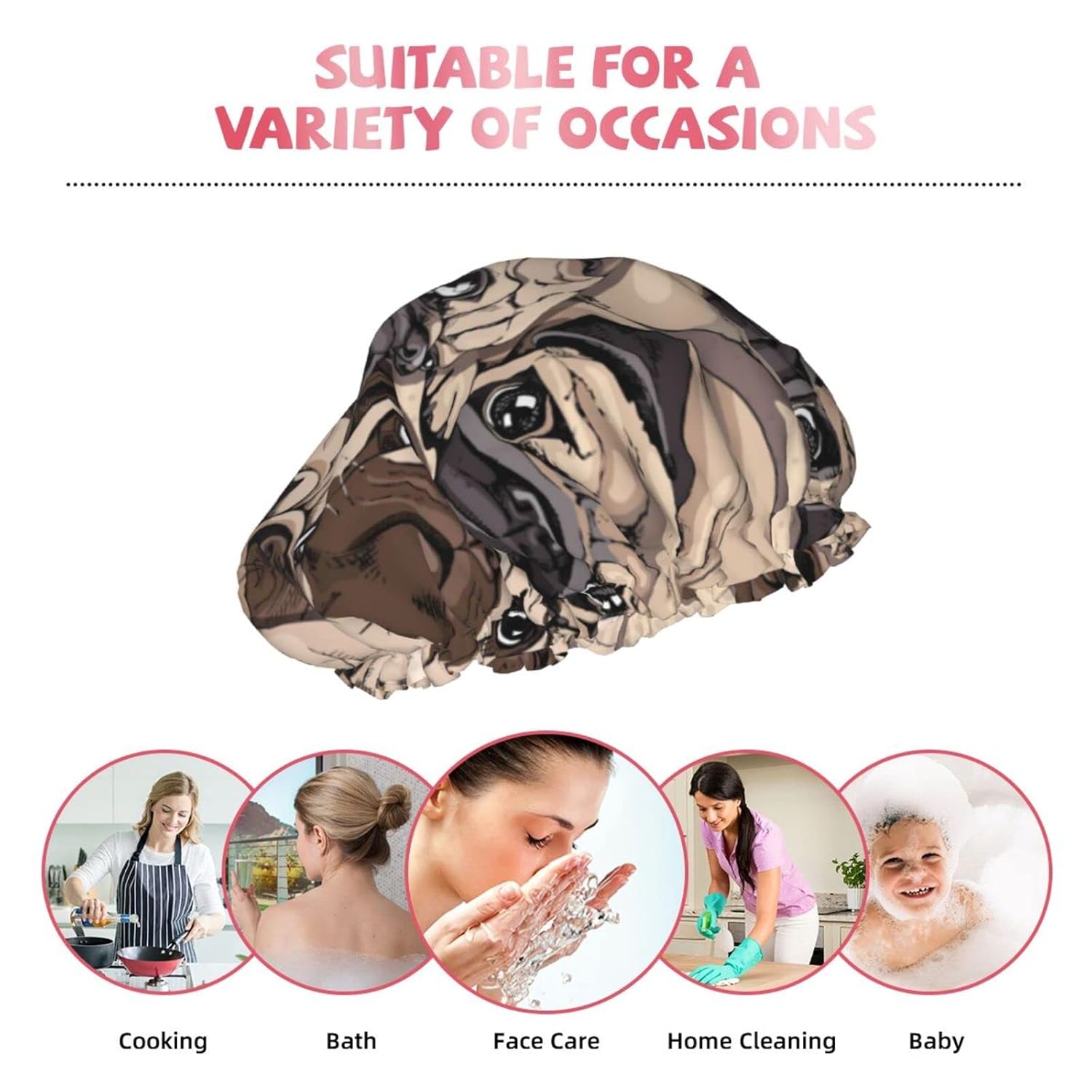 Lindo gorro de ducha de perro carlino para mujer, doble capa impermeable, sombrero de ducha grande diseñado para todos los cabellos