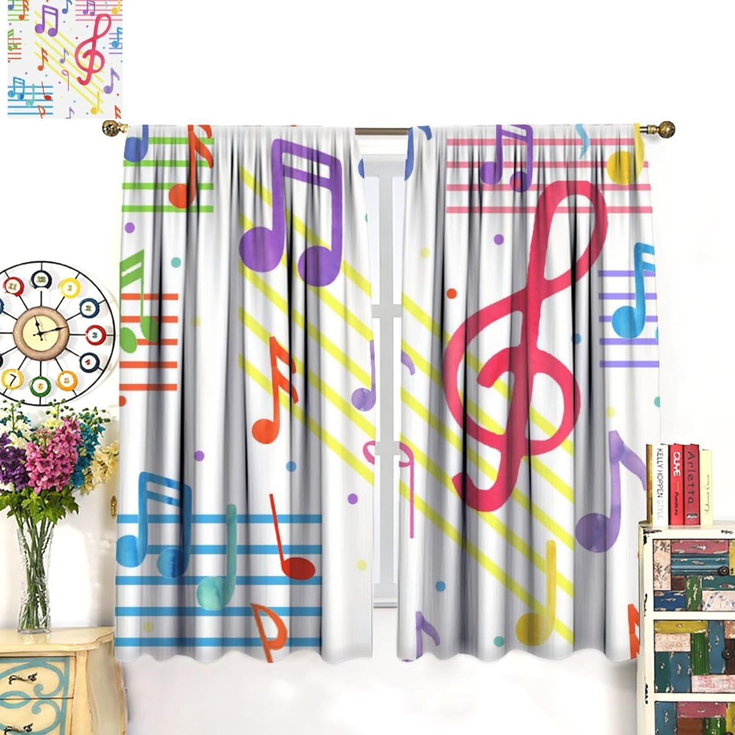 Cortinas con notas temáticas musicales, coloridas y abstractas modernas, con estampado de símbolos de música moderna, cortinas opacas con