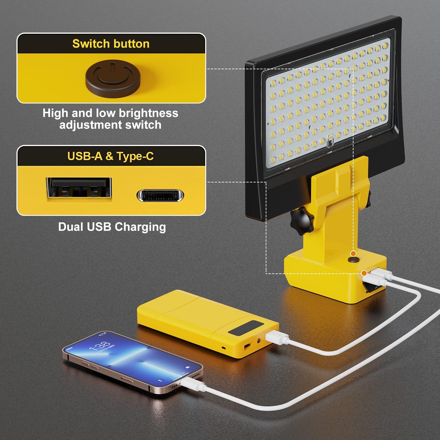 NS Luz de trabajo LED de 50 W 5000 lm para Dewalt 20 V, luces de inundación inalámbricas para emergencias, luz portátil para lugar de trabajo,