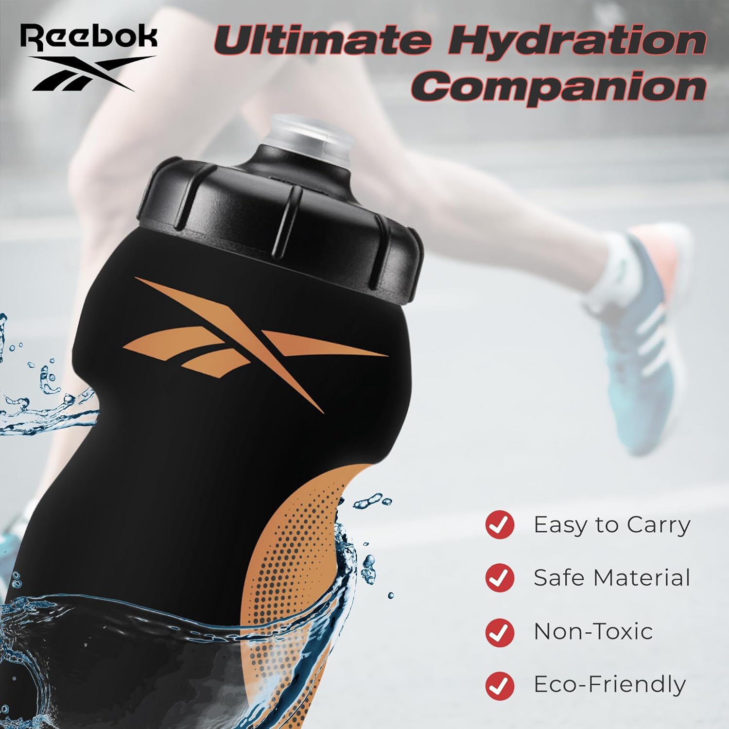 Reebok Botellas de agua para apretar con diseño atlético, botella de agua de 24 onzas, botella de agua deportiva, botella de agua reutilizable para