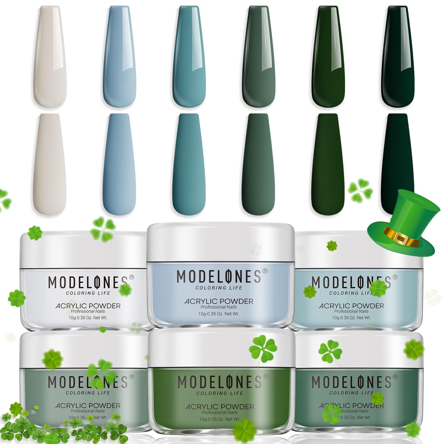 Modelones Polvo acrílico de 6 colores, kit de polvo acrílico para uñas, verde salvia, niebla, azul, gris claro, verde oliva, tonos Matcha Avocad 3D,