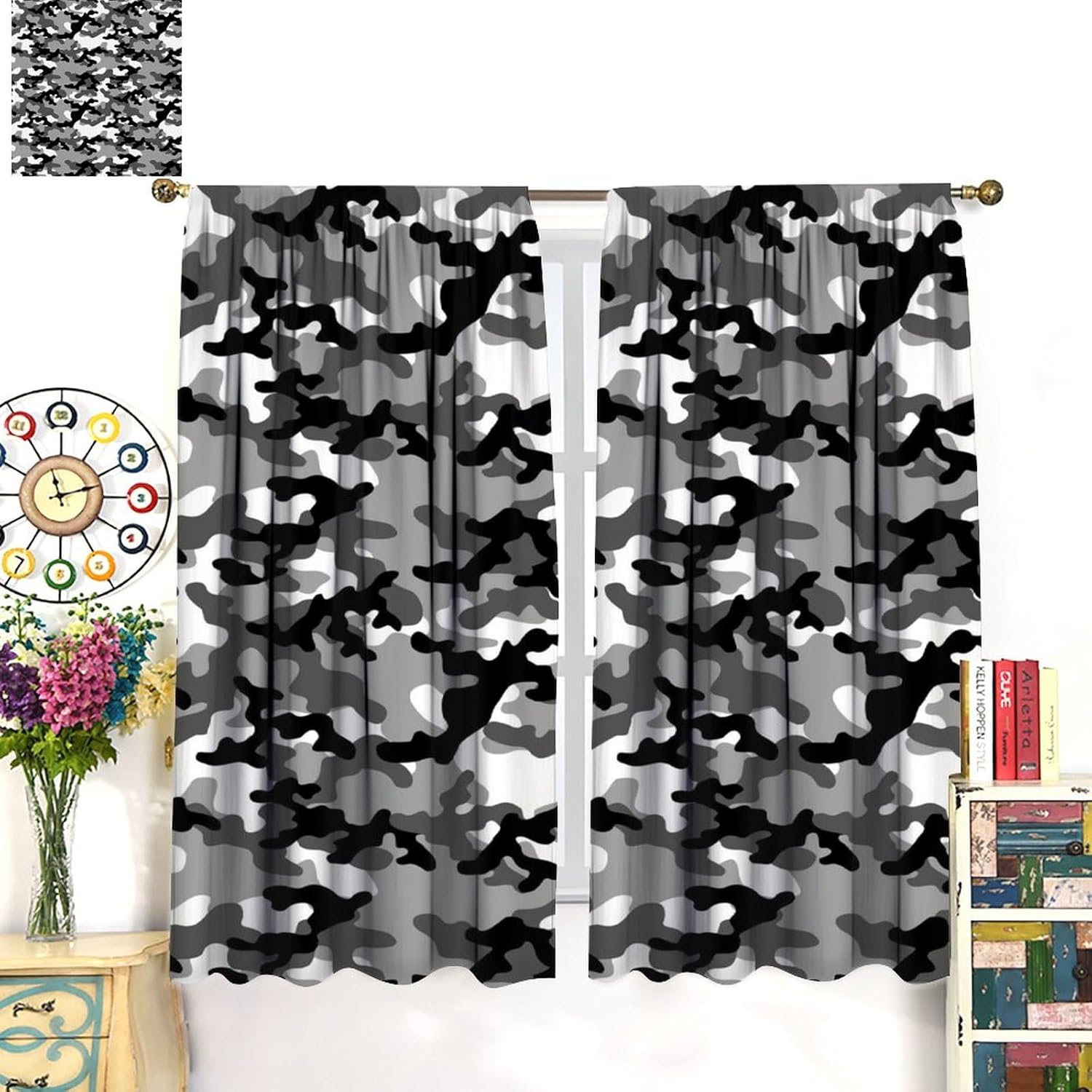 Cortinas de camuflaje gris militar, arte de camuflaje negro, blanco, gris, cortinas opacas con bolsillo para barra, para dormitorio, sala de estar,