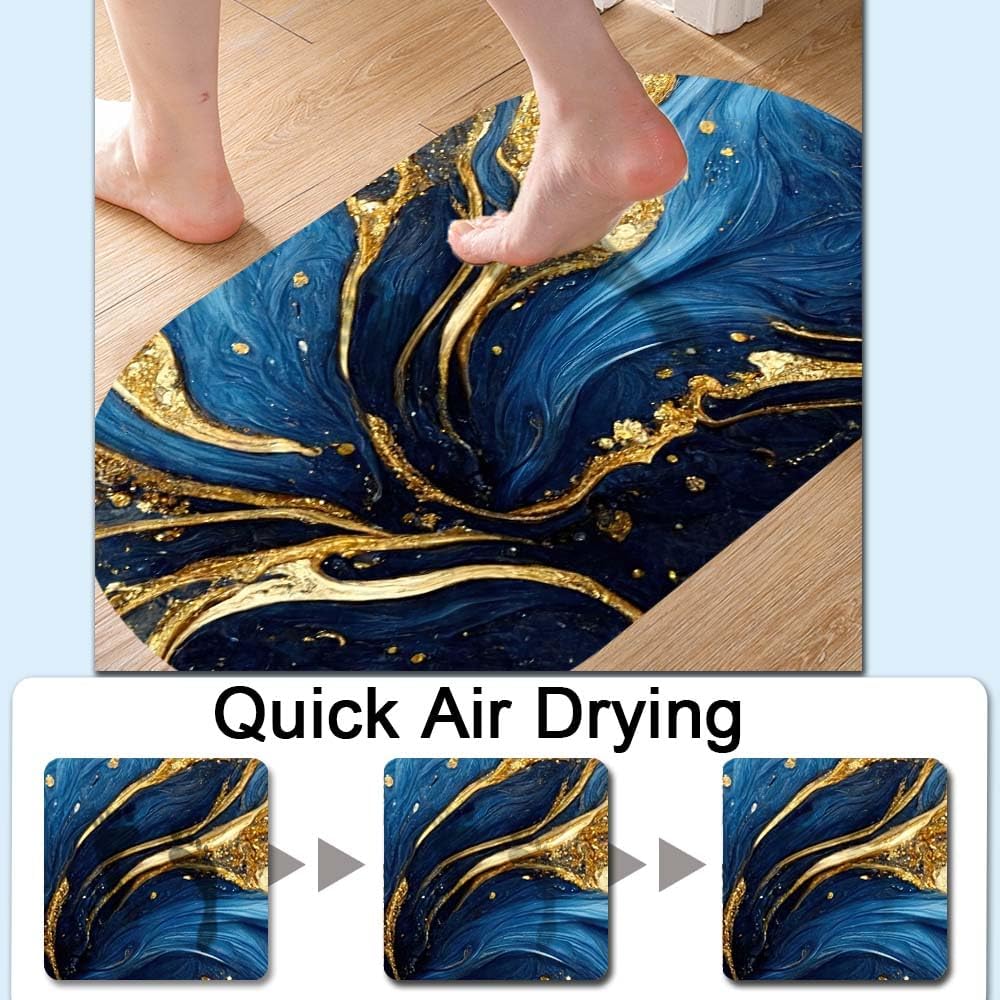 Alfombra de baño con textura de mármol azul y dorado, súper absorbente, de secado rápido, parte inferior de goma antideslizante, fácil de limpiar,
