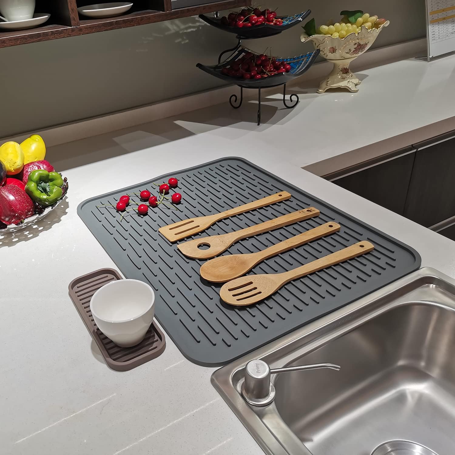 Tapete de secado de platos para encimera de cocina, 23 x 18 pulgadas, XXL, tapete de secado de silicona para encimera, salvamanteles resistentes al