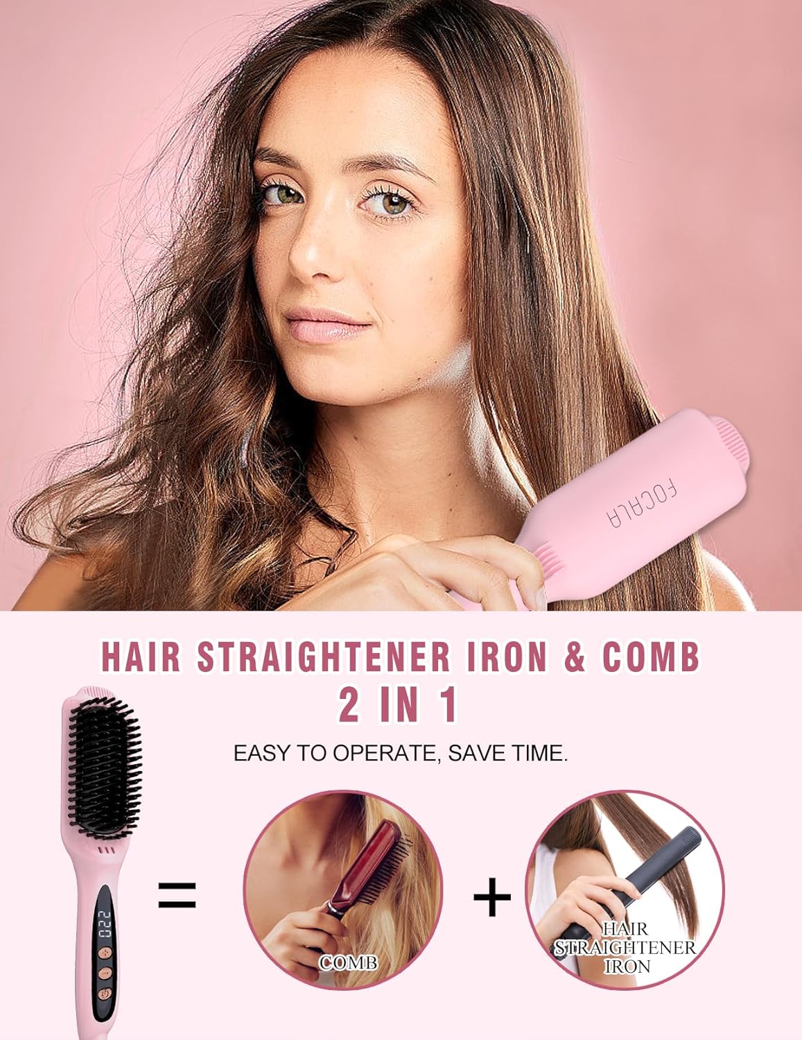 Cepillo alisador de cabello con calefacción FOCALA – Cepillo alisador de pelo iónico negativo de cerámica para alisar el cabello de las mujeres,