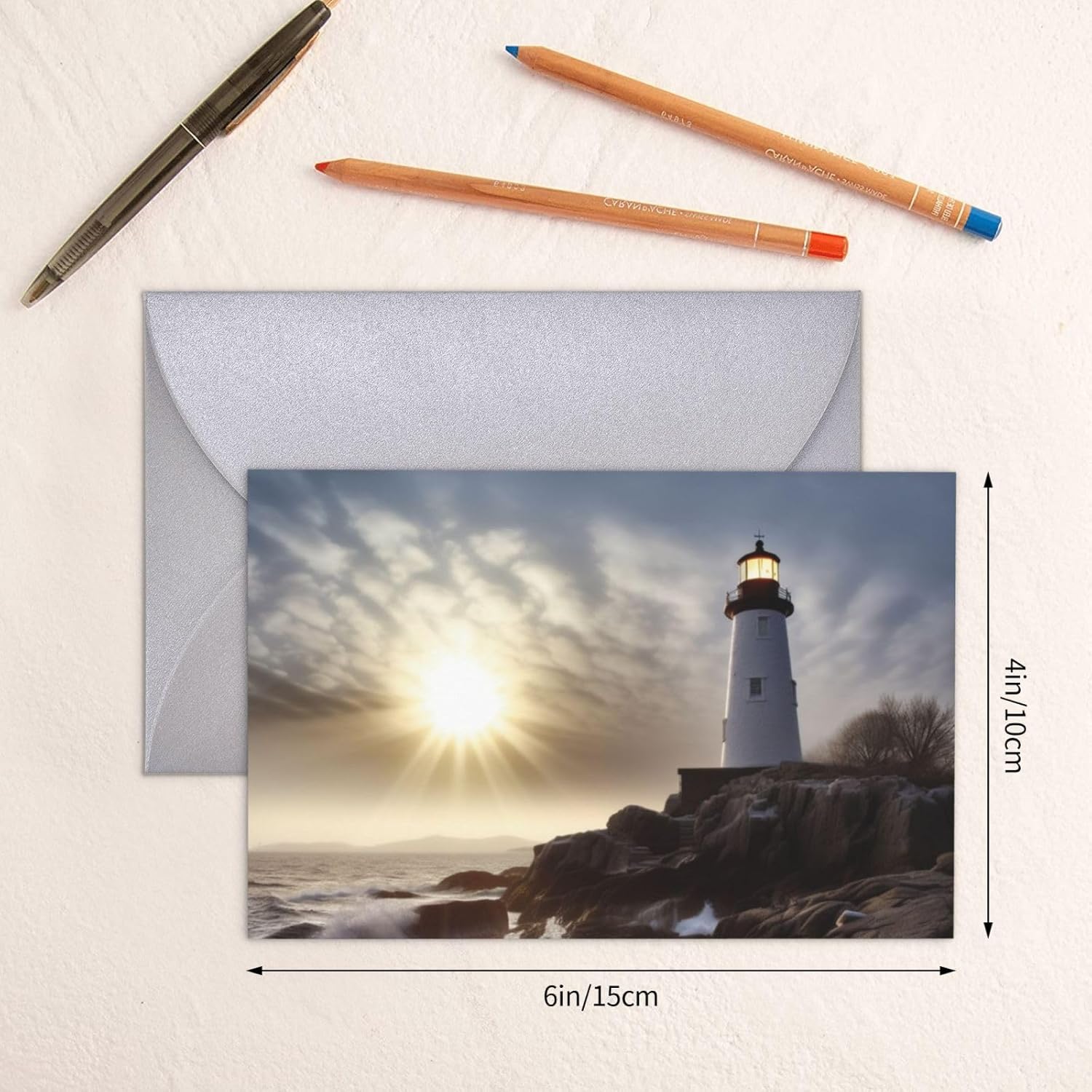 Lighthouse Rocks – Tarjetas de cumpleaños junto al mar con sobres, esta tarjeta de felicitación en blanco utiliza un paquete de sobre de botón de