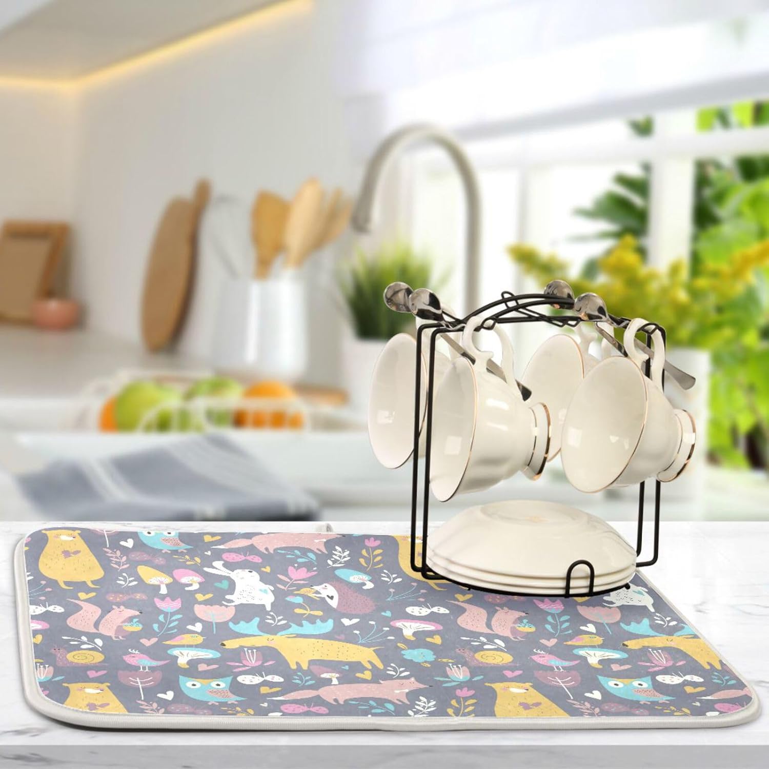 Cute Forest Animals Drying Dish Mat Washnable Absorbent Dish Draining Mat For Kitchen Counter Dish Drainer Pads Tapete Para Cocina 16” x 18”