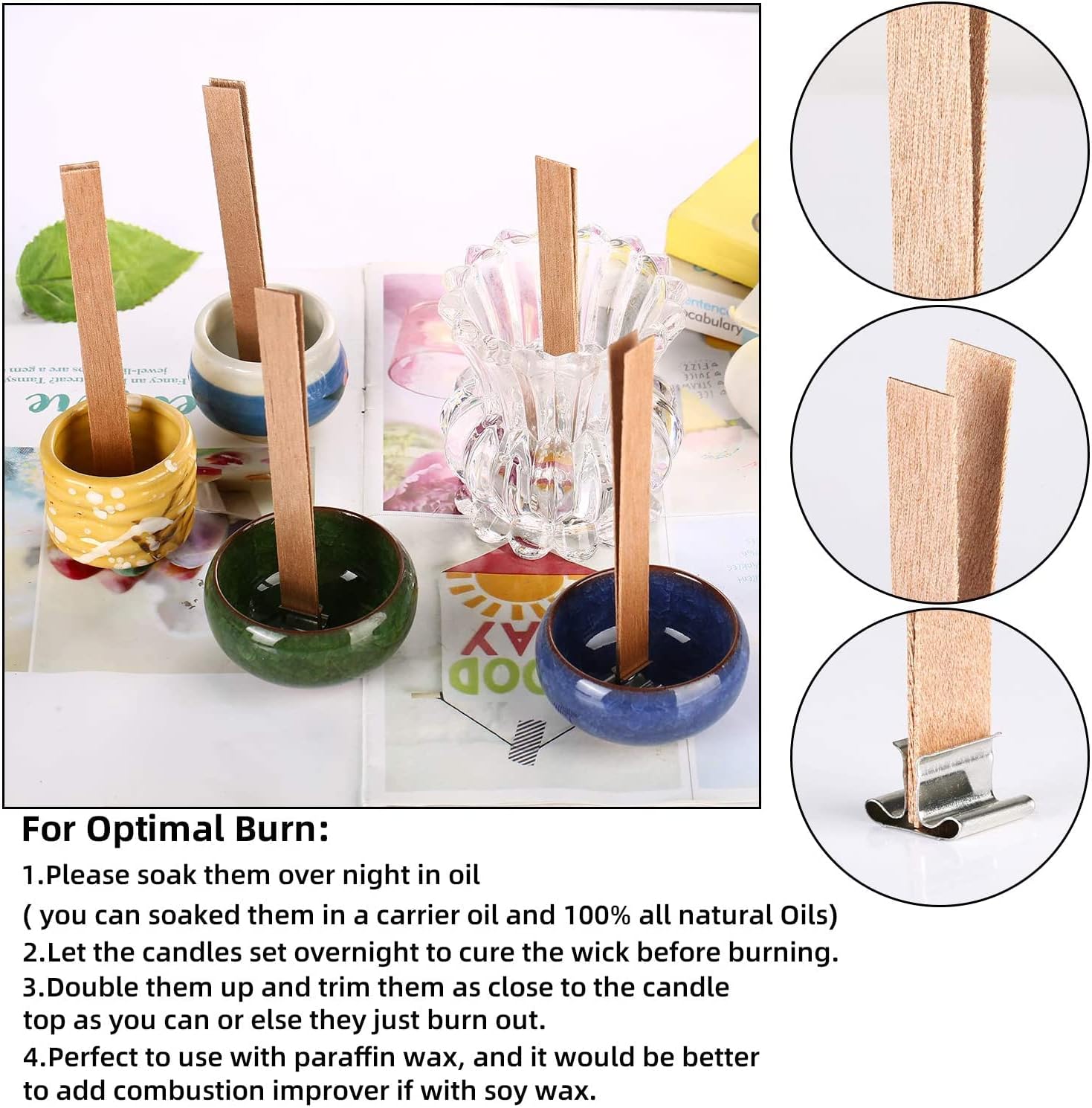 100 mechas de vela de madera para hacer velas, mechas de madera agrietada de 6 pulgadas, mecha de vela sin humo con clip de base de metal (50