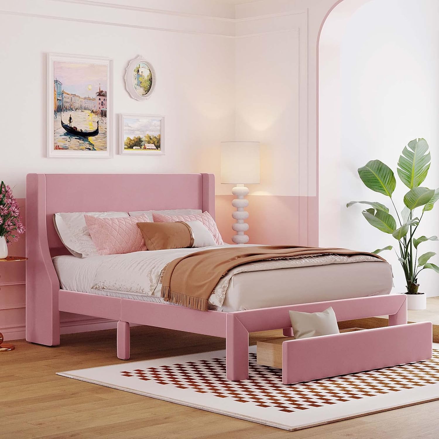 Base de cama tapizada de terciopelo de tamaño matrimonial con un gran cajón de almacenamiento y cabecera copetuda, soporte de listones de madera