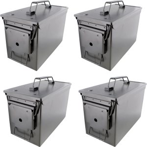 Juego de 4 cajas de munición de metal, 50 recipientes de almacenamiento de munición color negro Cal con tapas para almacenamiento militar o doméstico Juego de 4 cajas de munición de metal, 50 recipientes de almacenamiento de munición color negro Cal con tapas para almacenamiento militar o doméstico