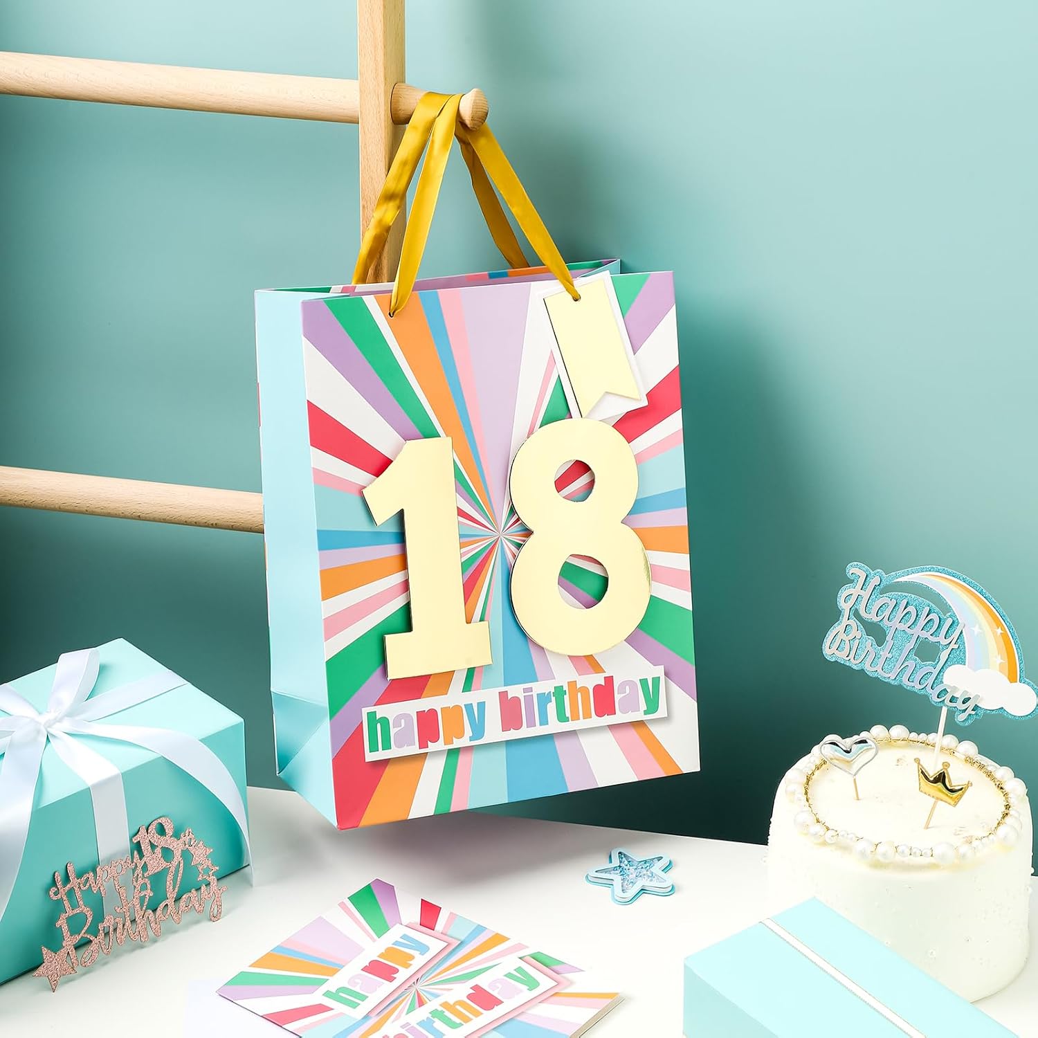 WRAPAHOLIC Bolsa de regalo de cumpleaños grande de 13 pulgadas con tarjeta y papel de seda – 18 cumpleaños
