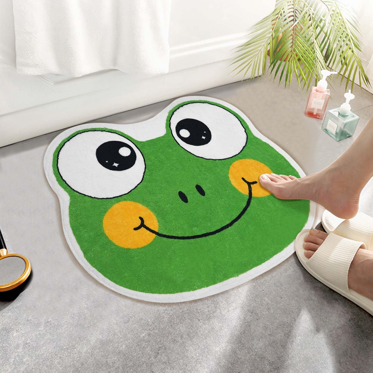 Alfombra de baño con forma irregular de rana para niños, antideslizante, absorbente, lavable, peluda, decoración de dormitorio, alfombra de entrada