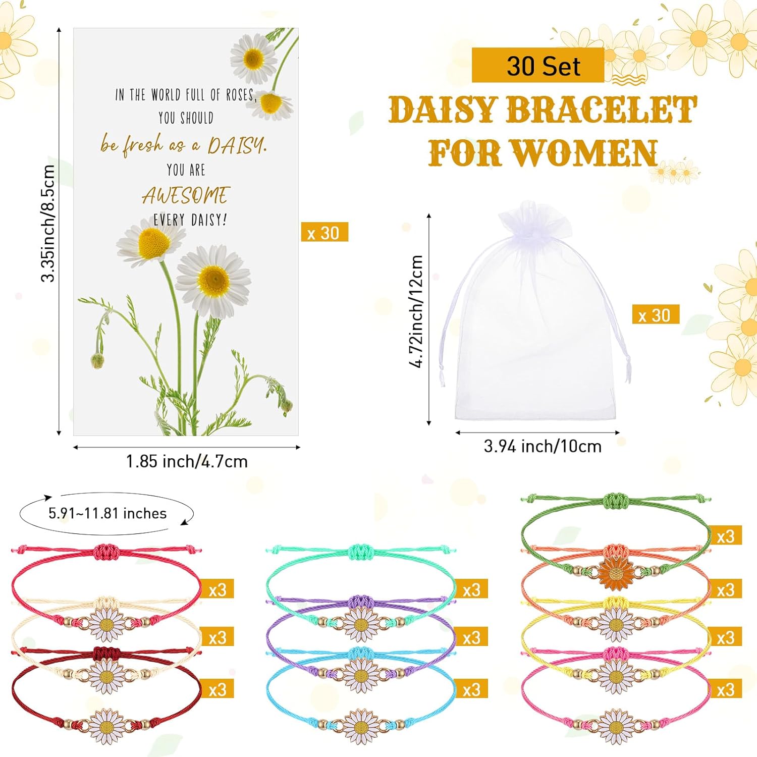 30 juegos de pulseras inspiradoras a granel, regalos de margaritas coloridas, pulsera de margaritas lindas, pulsera de girasol con tarjetas