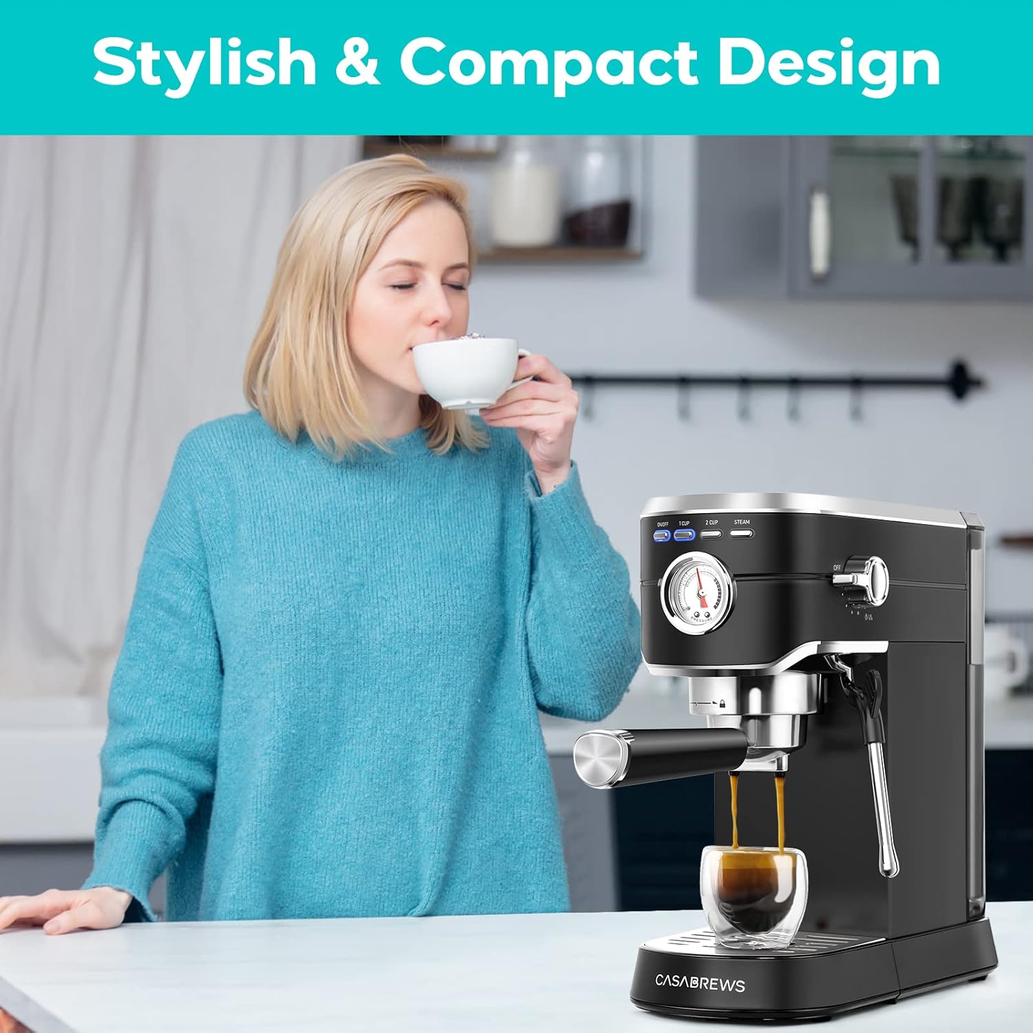 CASABREWS Máquina de café expreso de 20 bares, cafetera de café espresso de acero inoxidable con espumador de leche, máquina de capuchino compacta