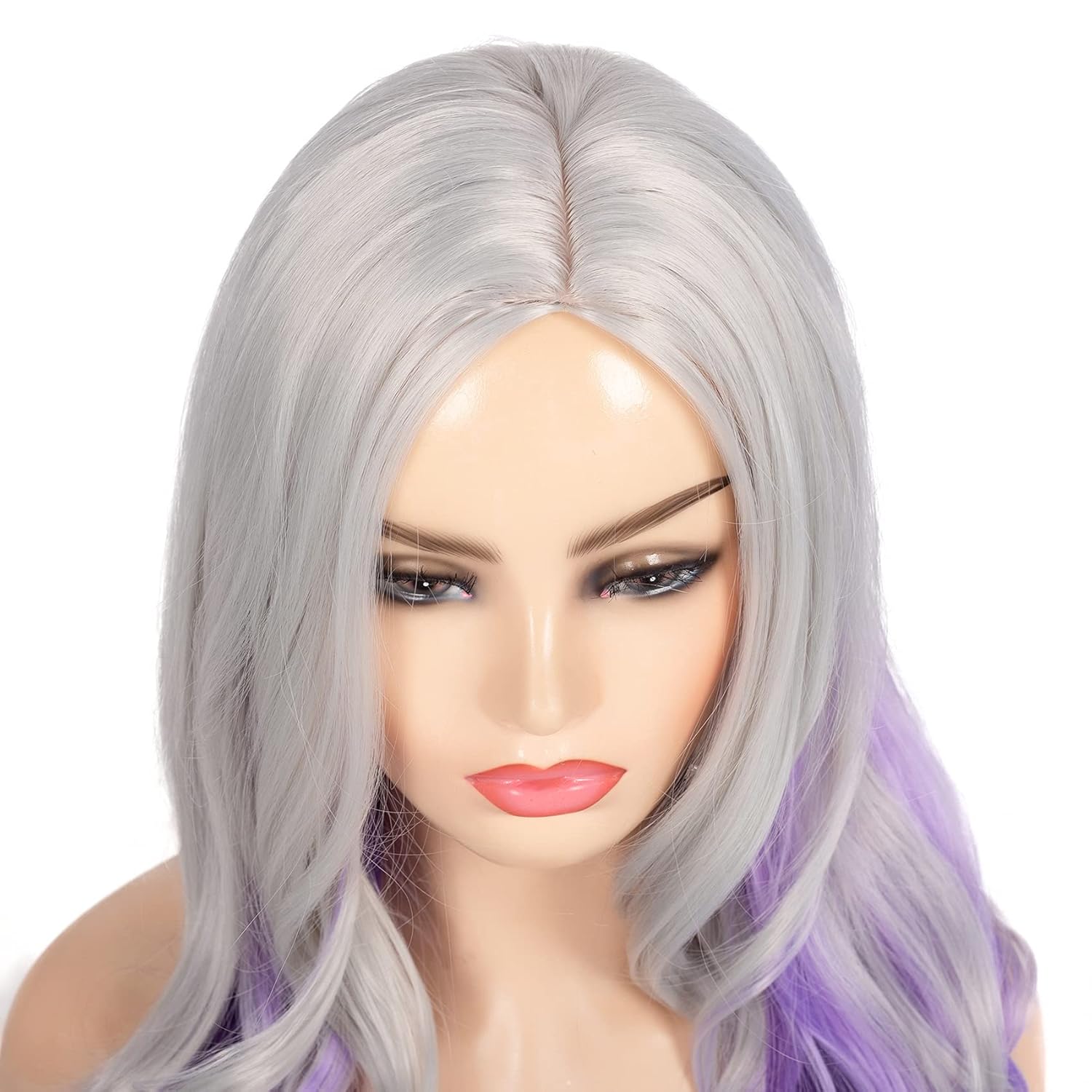 Peluca larga y rizada ondulada gris plateado a morado con parte lateral de aspecto natural sintético Cosplay peluca para mujeres