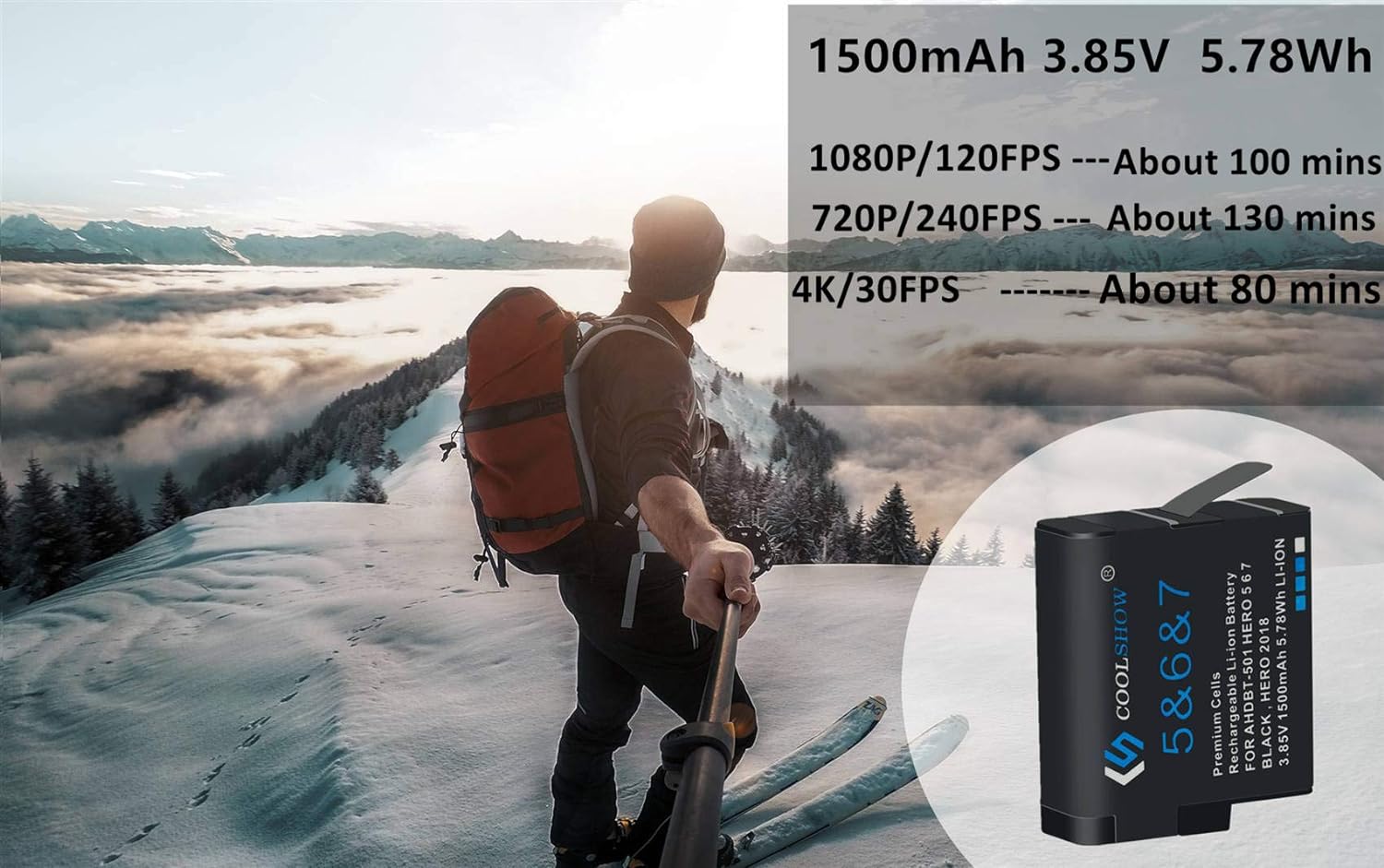 COOLSHOW – Batería de repuesto para Hero 7, 6, 5 (paquete de 2) y cargador Triple Hero 7 compatible con GoPro Hero 7 Black, Hero 6 Black, Hero 5