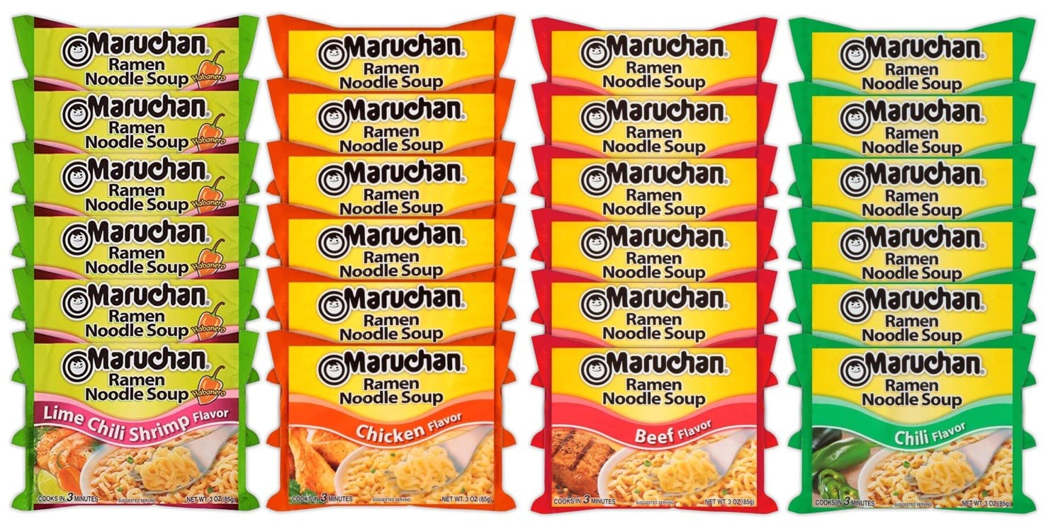 Maruchan Ramen – Mezcla variada de sopa de fideos instantáneos, 24 paquetes, 4 sabores, paquete de 6 carne de res, 6 paquetes de camarones con chile