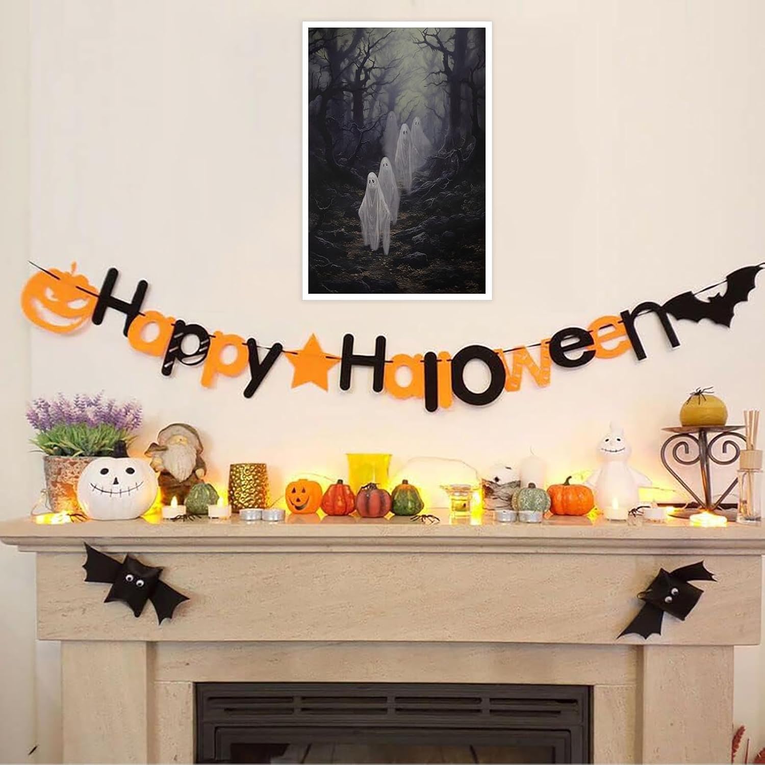 Lienzo vintage de Halloween, arte para pared, lindo fantasma en bosque de otoño embrujado, impresión gótica oscura, academia de Halloween,