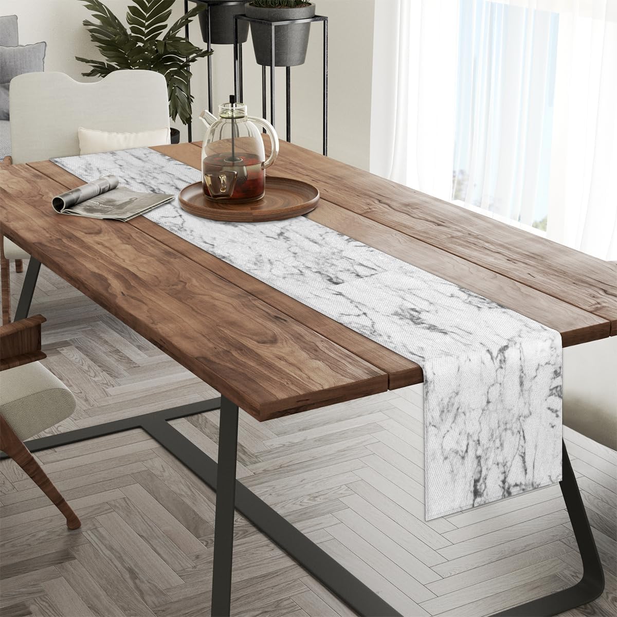 Camino de mesa con textura de mármol blanco, mantel de lino rústico para cocina de granja, cena, eventos, fiesta, decoración de mesa de vacaciones,