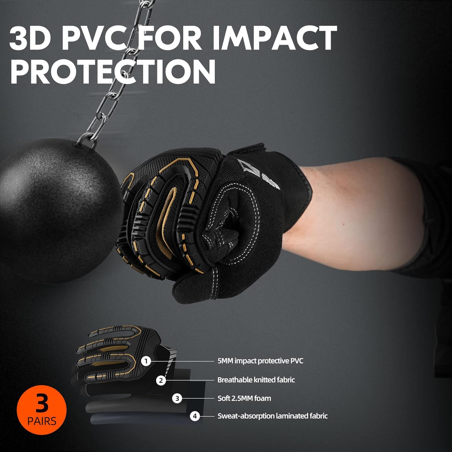 Vgo – 3 pares de guantes sintéticos para protección de impactos, para mecánicos y perforadores, alta destreza, reduce vibraciones, compatibilidad