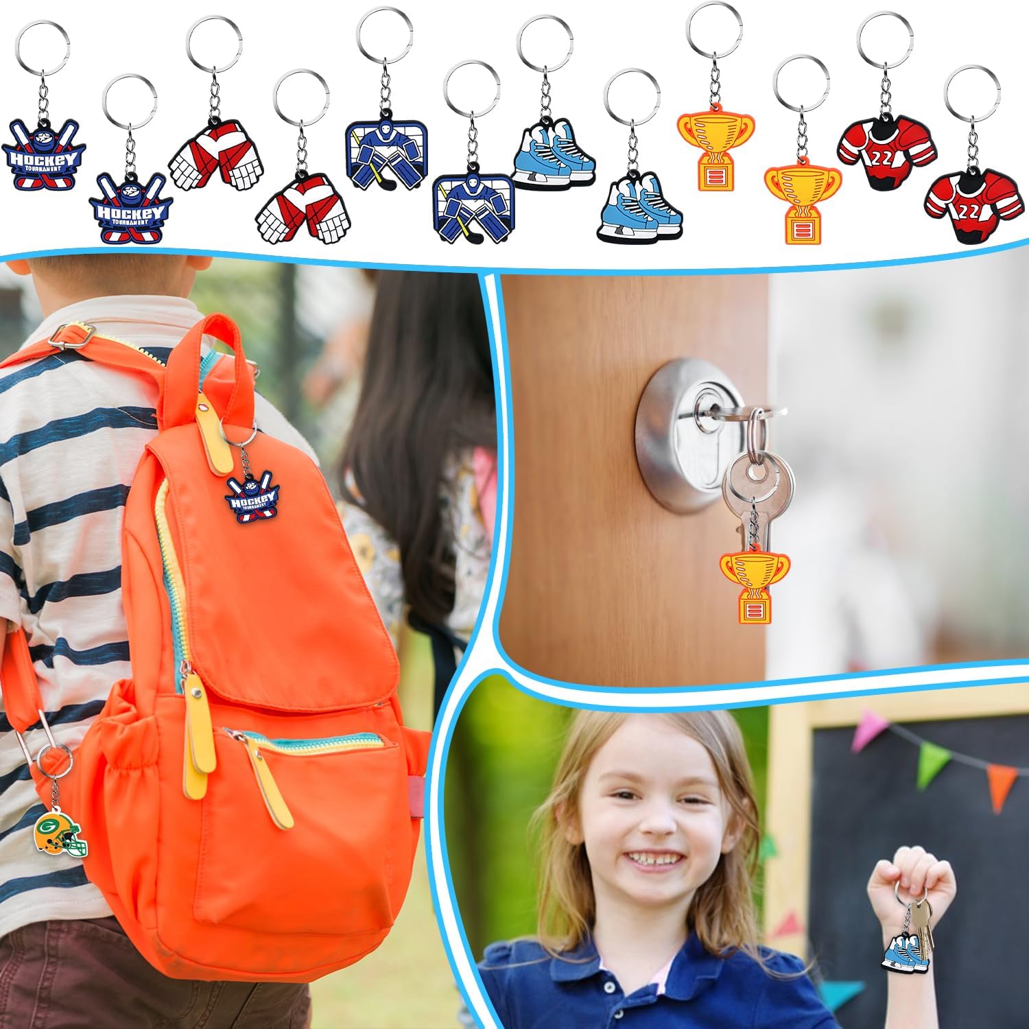 El juego de 36 piezas de recuerdos de fiesta de hockey incluye 12 bolsas de cordón de hockey, 12 pulseras de silicona de hockey, 12 llaveros