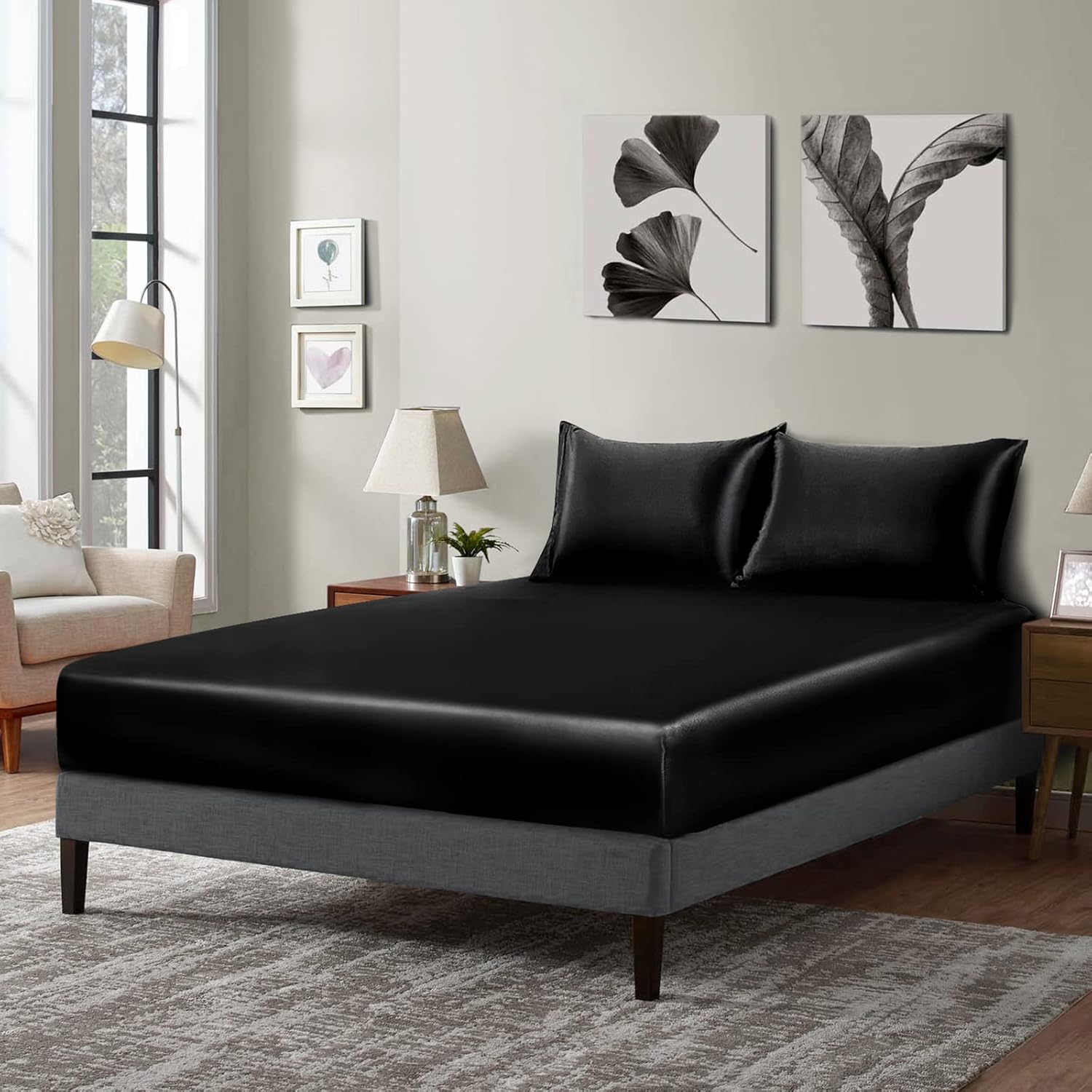 P Pothuiny Sábana bajera de satén tamaño matrimonial, solo 1 sábana bajera individual, funda de colchón extra suave con bolsillo profundo para cama