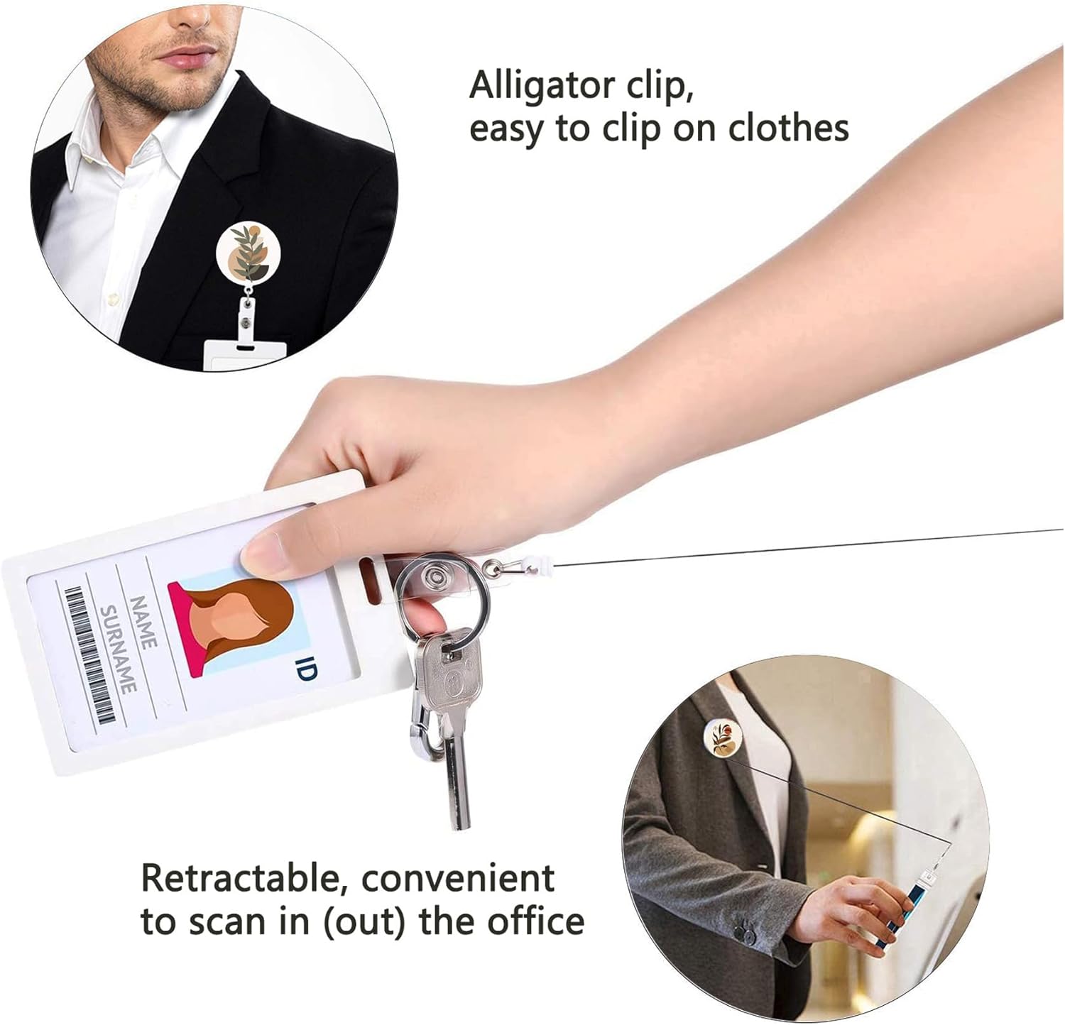 Carrete retráctil para tarjetas de identificación con clip de cocodrilo resistente, carrete decorativo para enfermera, portatarjetas (paquete de 3