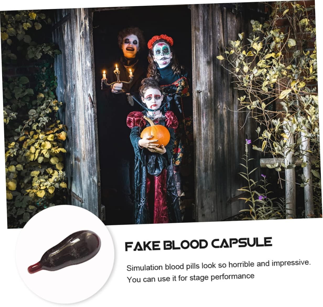 Toyvian 20 piezas de píldora de sangre para vómitos, juguetes de Halloween, accesorios de graduación, juguetes de maquillaje, cápsulas de sangre de