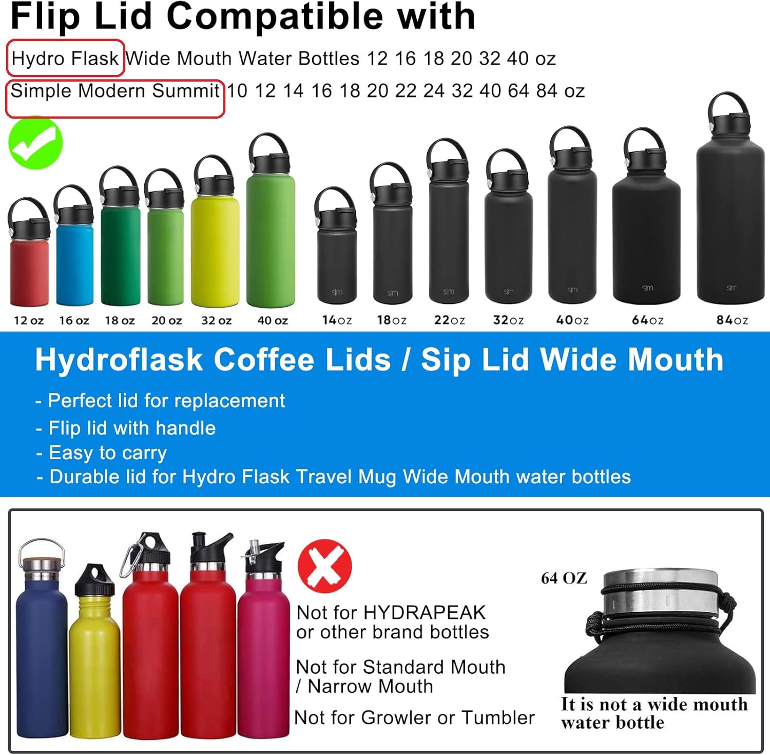 Tapa para Hydro Flask boca ancha, tapas compatibles con Hydro Flask de boca ancha de 12, 16, 18, 20, 32, 40 onzas, tapa de repuesto superior para