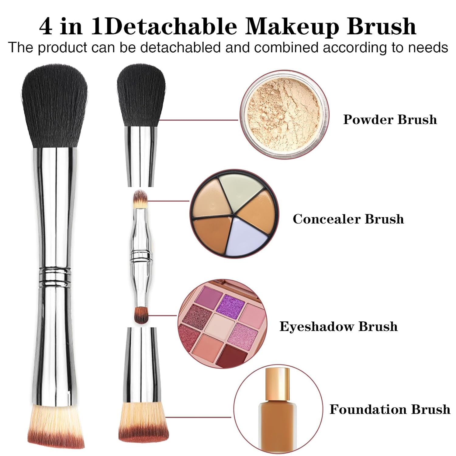 Cepillo de maquillaje 4 en 1, cepillo de maquillaje de viaje de doble extremo, cepillo de base, brochas de maquillaje todo en uno