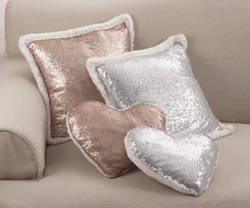 Fennco Styles Almohada decorativa de lentejuelas y sherpa, con forma de corazón, 13 pulgadas de ancho x 14 pulgadas de largo, cojín champán para
