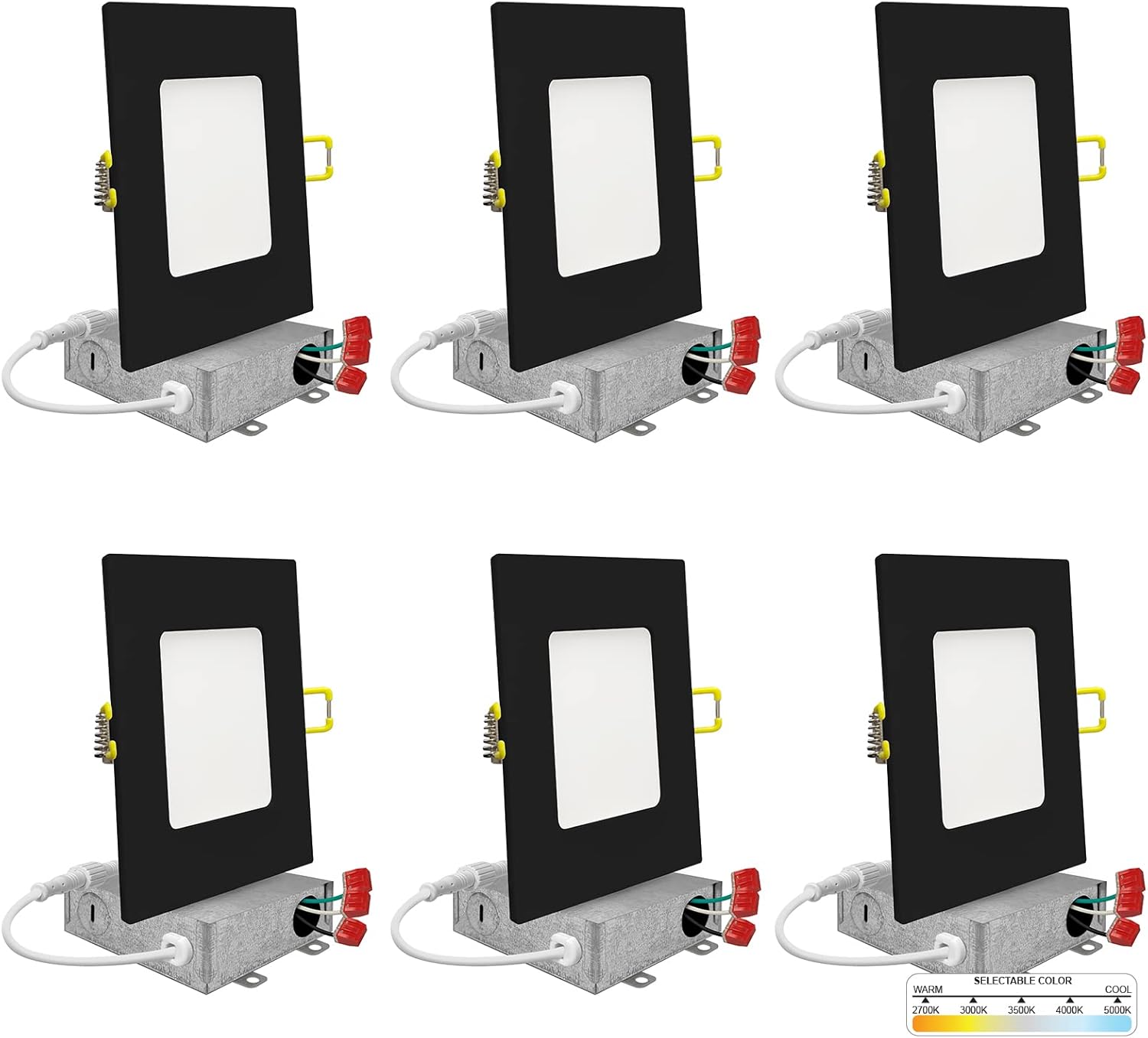NUWATT Paquete de 6 luces LED empotrables cuadradas ultrafinas de 4 pulgadas, seleccionables 2700 K3000 K3500 K4000 K5000 K, 630 lúmenes regulables,