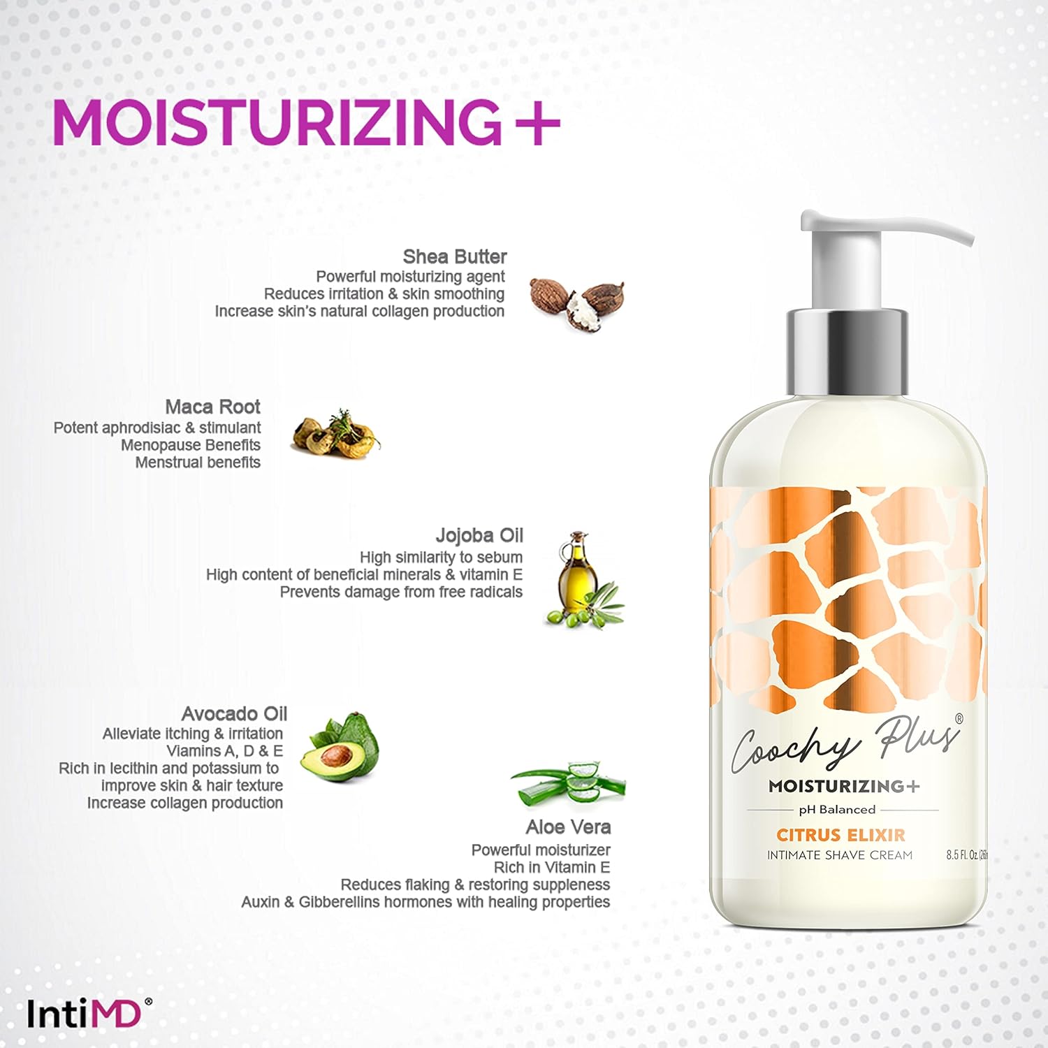 IntiMD Coochy Plus HydroLock Moisturizing+ Kit de 3 pasos para afeitado íntimo Set de regalo aceite de elixir para antes del afeitado Nouria + crema